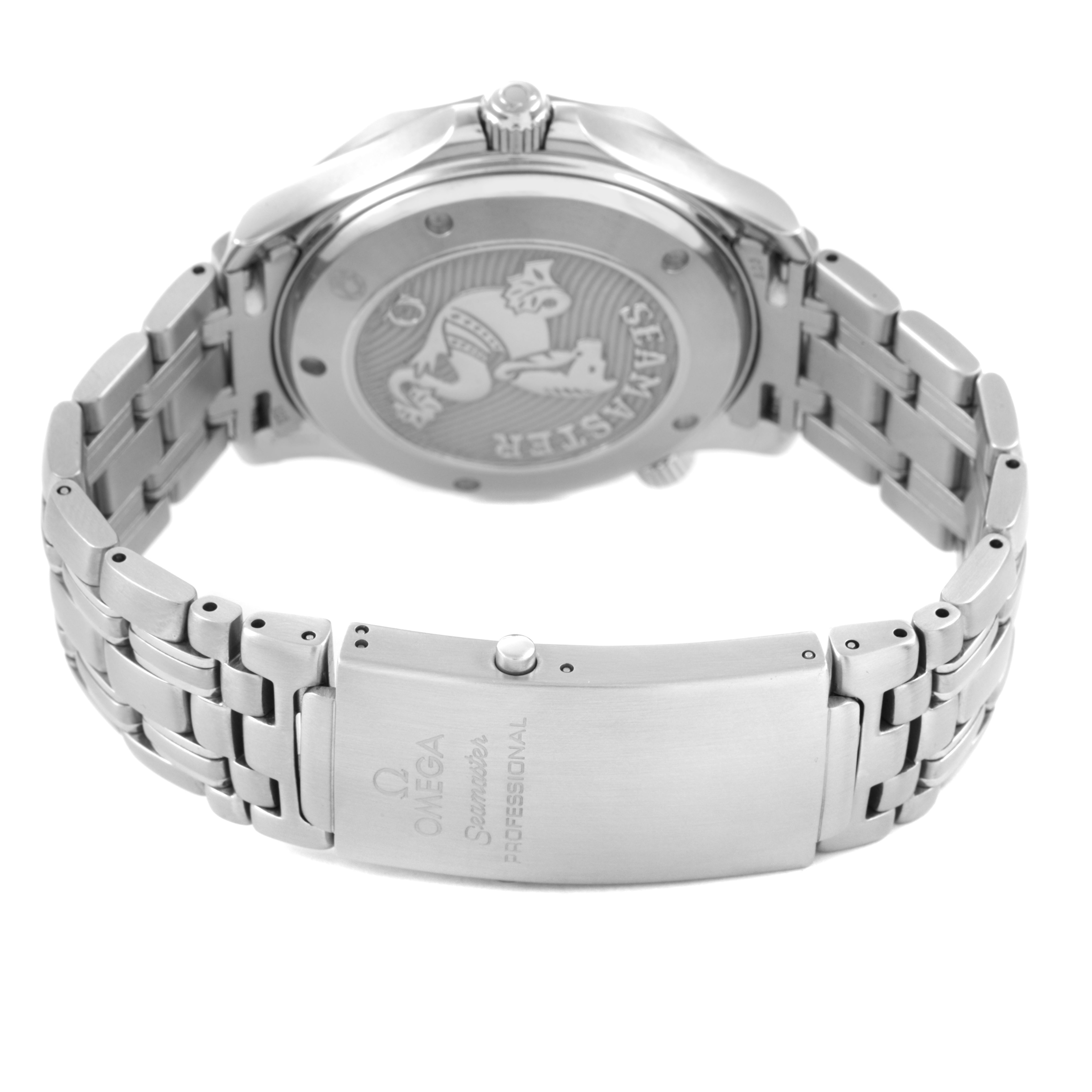 The Omega Seamaster 212.30.41.20.01.003 Men's Stainless Steel Black Dial model is shown from the back, highlighting the case back, bracelet, and clasp.