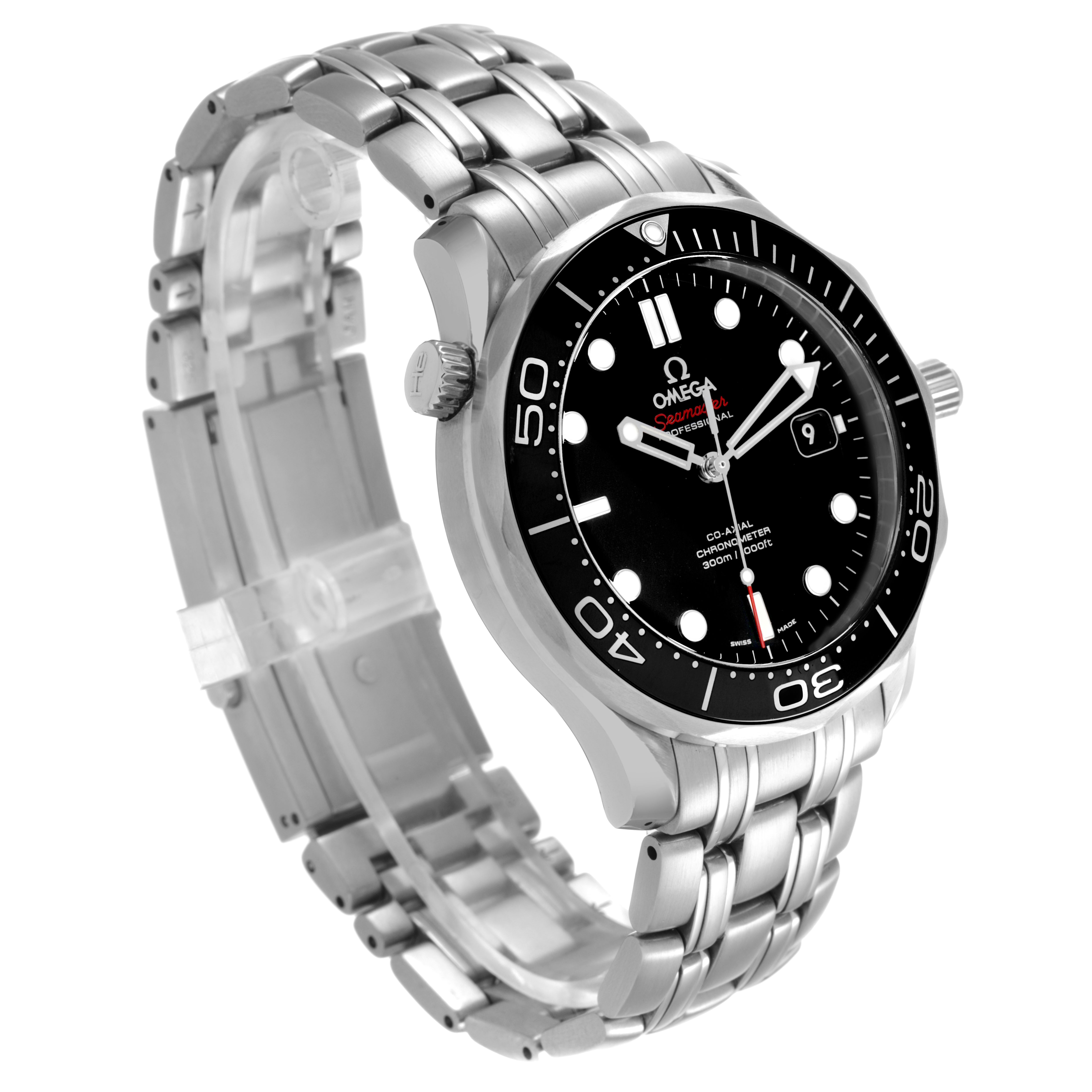 The Omega Seamaster 212.30.41.20.01.003 Men's Stainless Steel Black Dial watch is shown in a three-quarter view, highlighting the face, bezel, and metal bracelet.