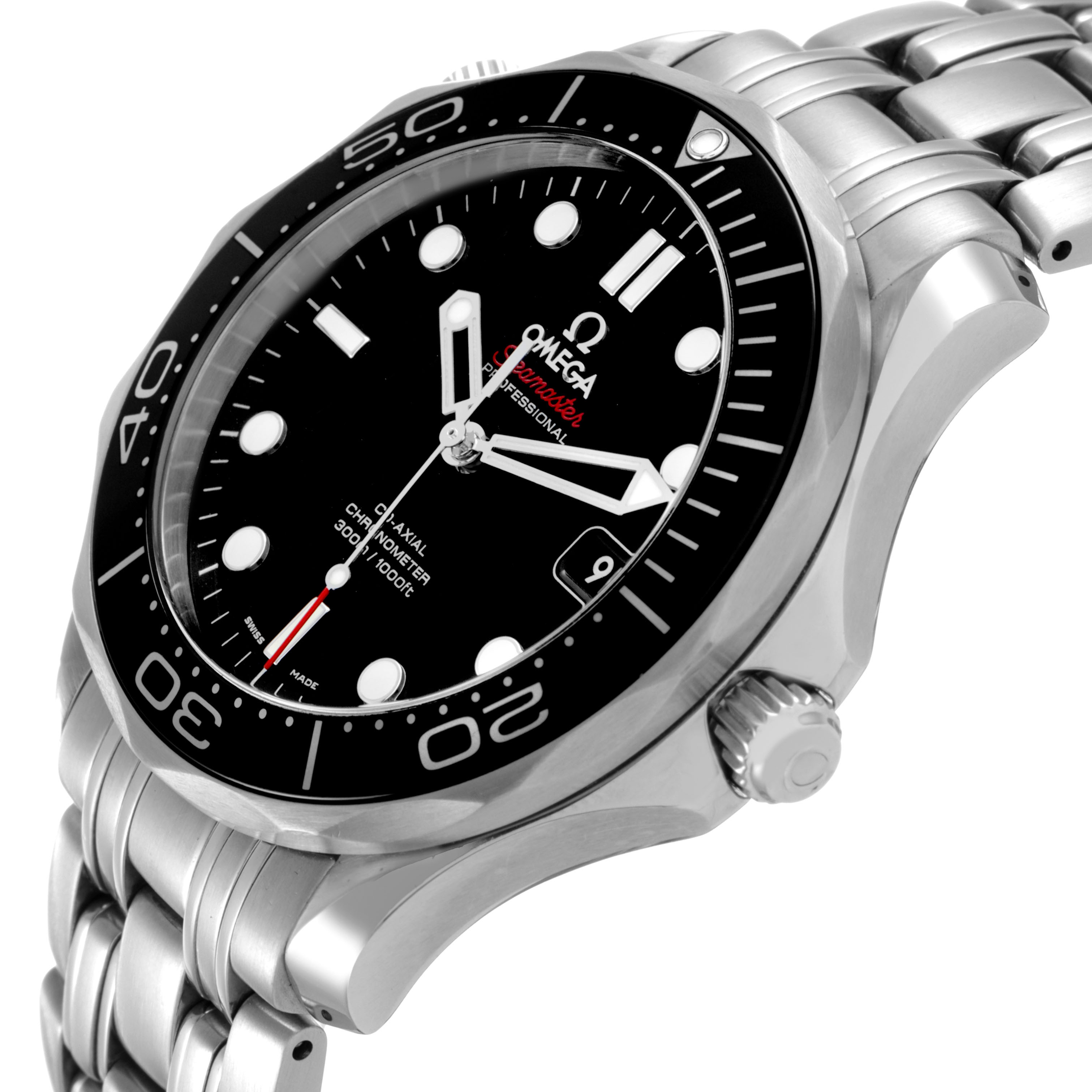 The Omega Seamaster 212.30.41.20.01.003 Men's Stainless Steel Black Dial watch is shown at a three-quarter angle, highlighting the face, bezel, bracelet, and crown.