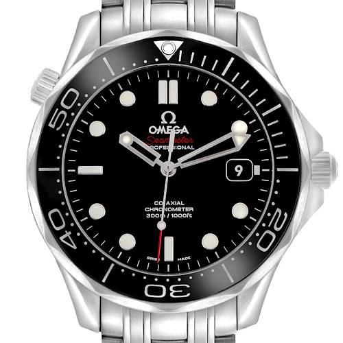 The Omega Seamaster 212.30.41.20.01.003 Men's Stainless Steel Black Dial watch is shown from a front angle, highlighting its bezel, dial, and bracelet.
