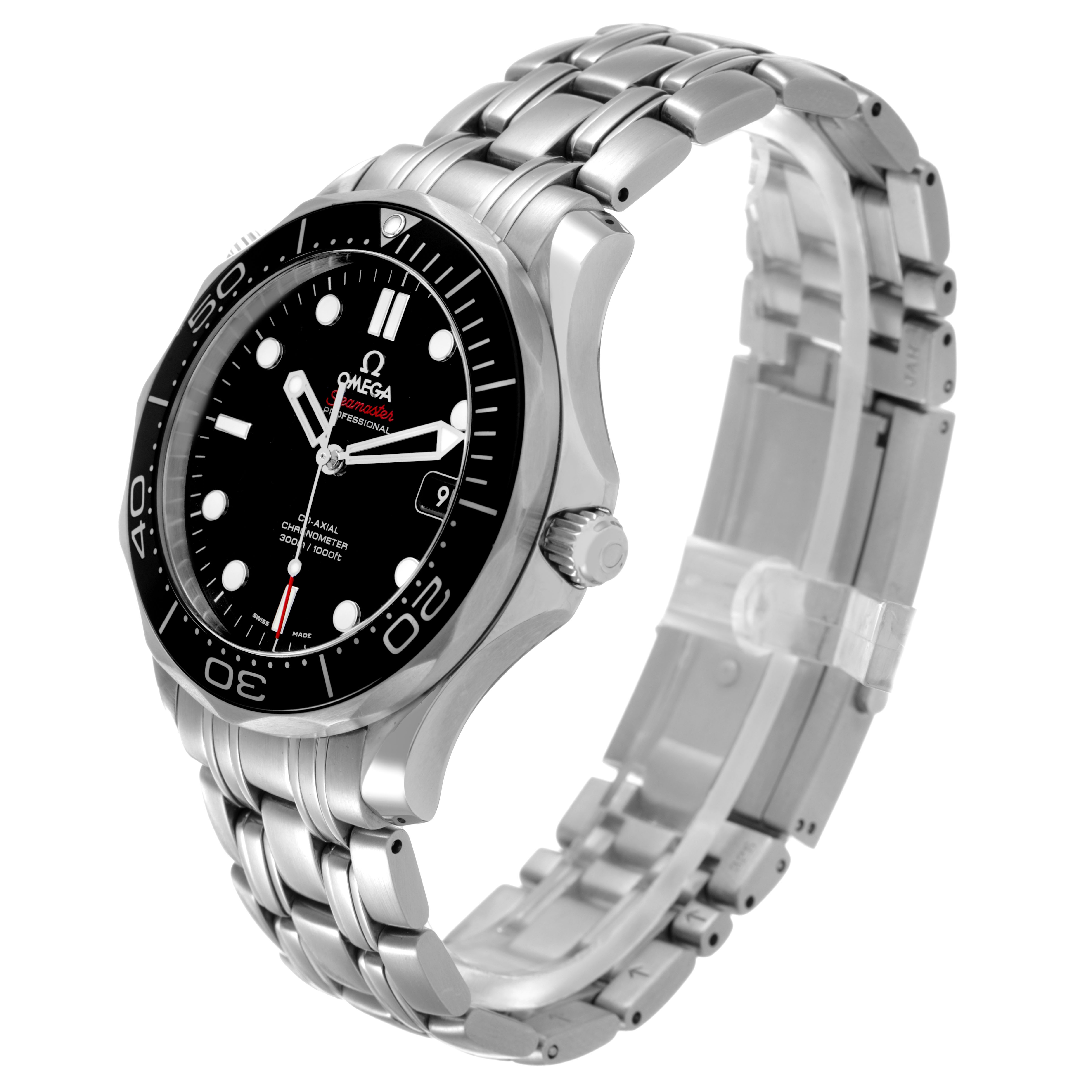 The Omega Seamaster 212.30.41.20.01.003 Men's Stainless Steel Black Dial watch is shown at a three-quarter angle, displaying the face, bezel, crown, and bracelet.