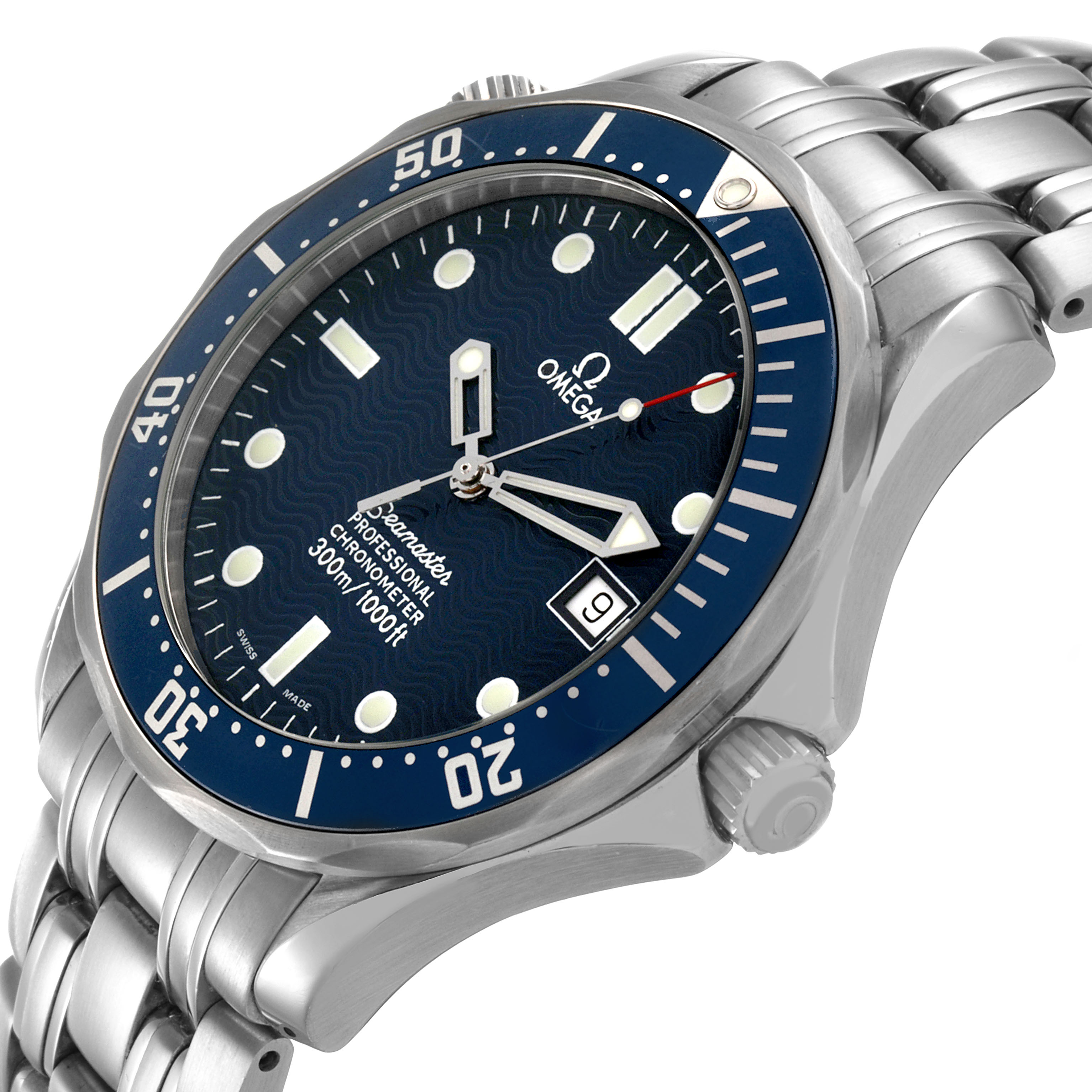 The Omega Seamaster 2531.80.00 Men's Stainless Steel Blue Dial watch is shown at an angled side view, highlighting the bezel, dial, crown, and bracelet.