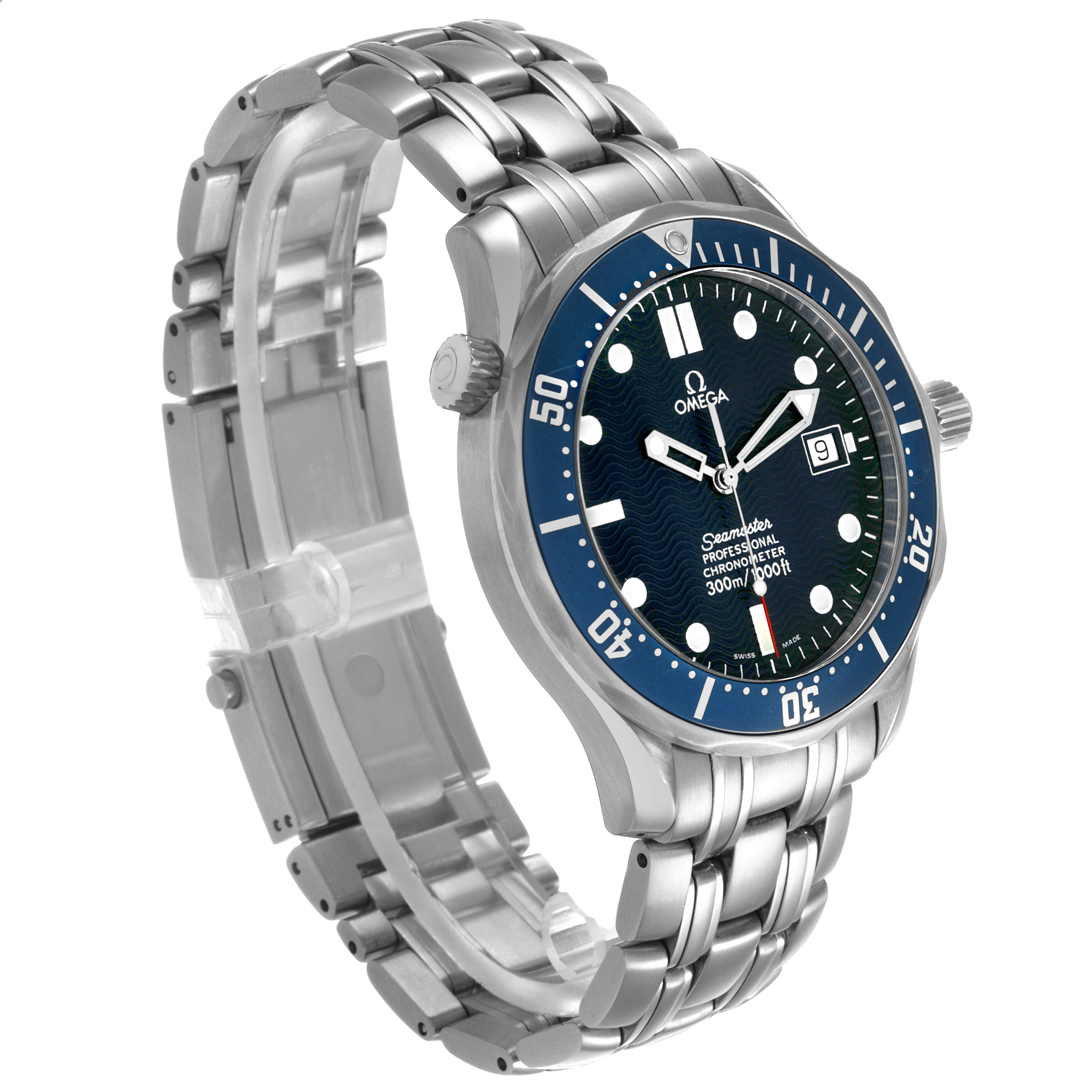 The Omega Seamaster 2531.80.00 Men's Stainless Steel Blue Dial watch is shown at a three-quarter angle, highlighting its face, bezel, crown, and bracelet.