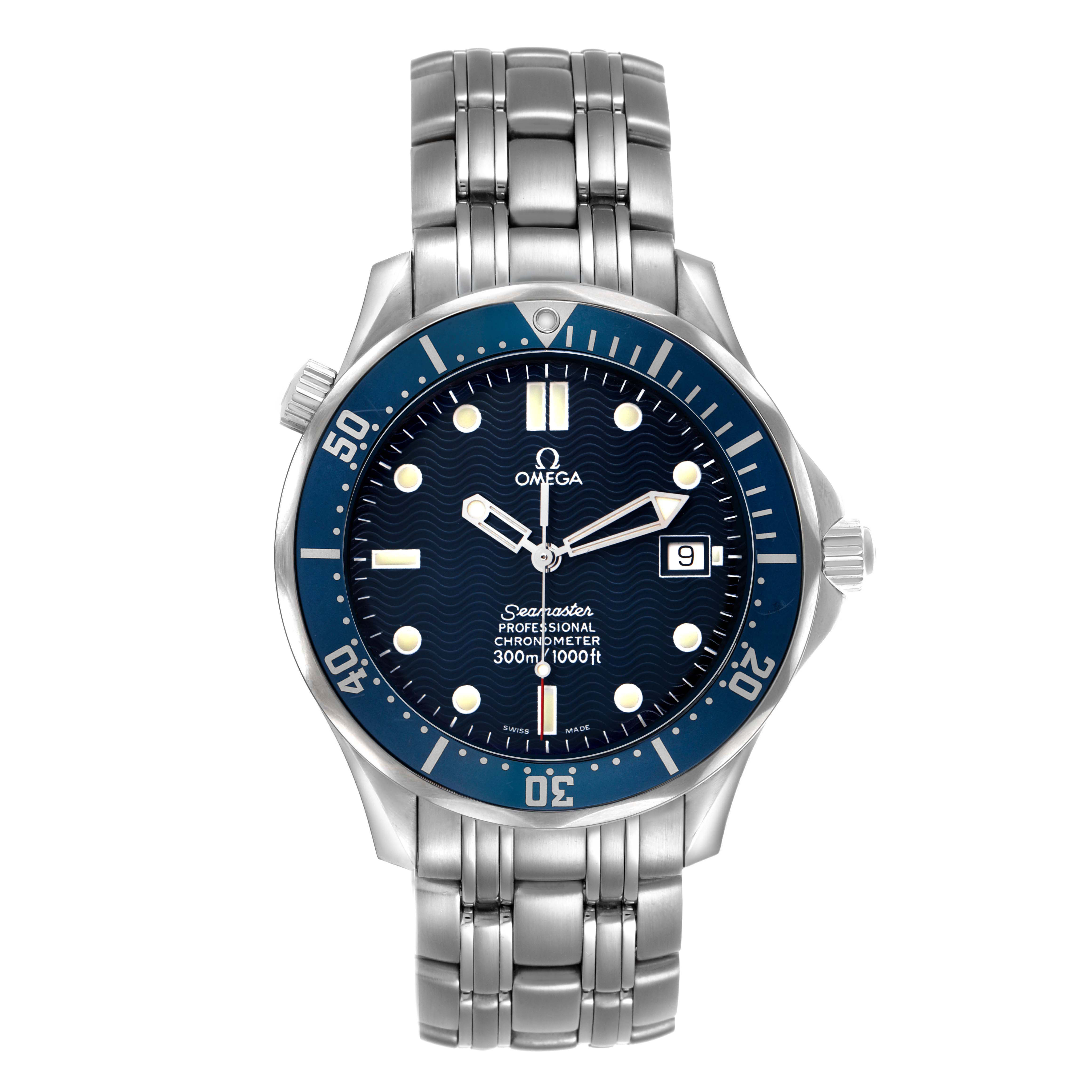 The image shows a front view of an Omega Seamaster 2531.80.00 Men's Stainless Steel Blue Dial watch, highlighting its blue dial, bezel, and metal bracelet.
