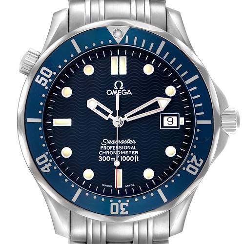 The Omega Seamaster 2531.80.00 Men's Stainless Steel Blue Dial watch is shown from the front, displaying the dial, bezel, and bracelet.