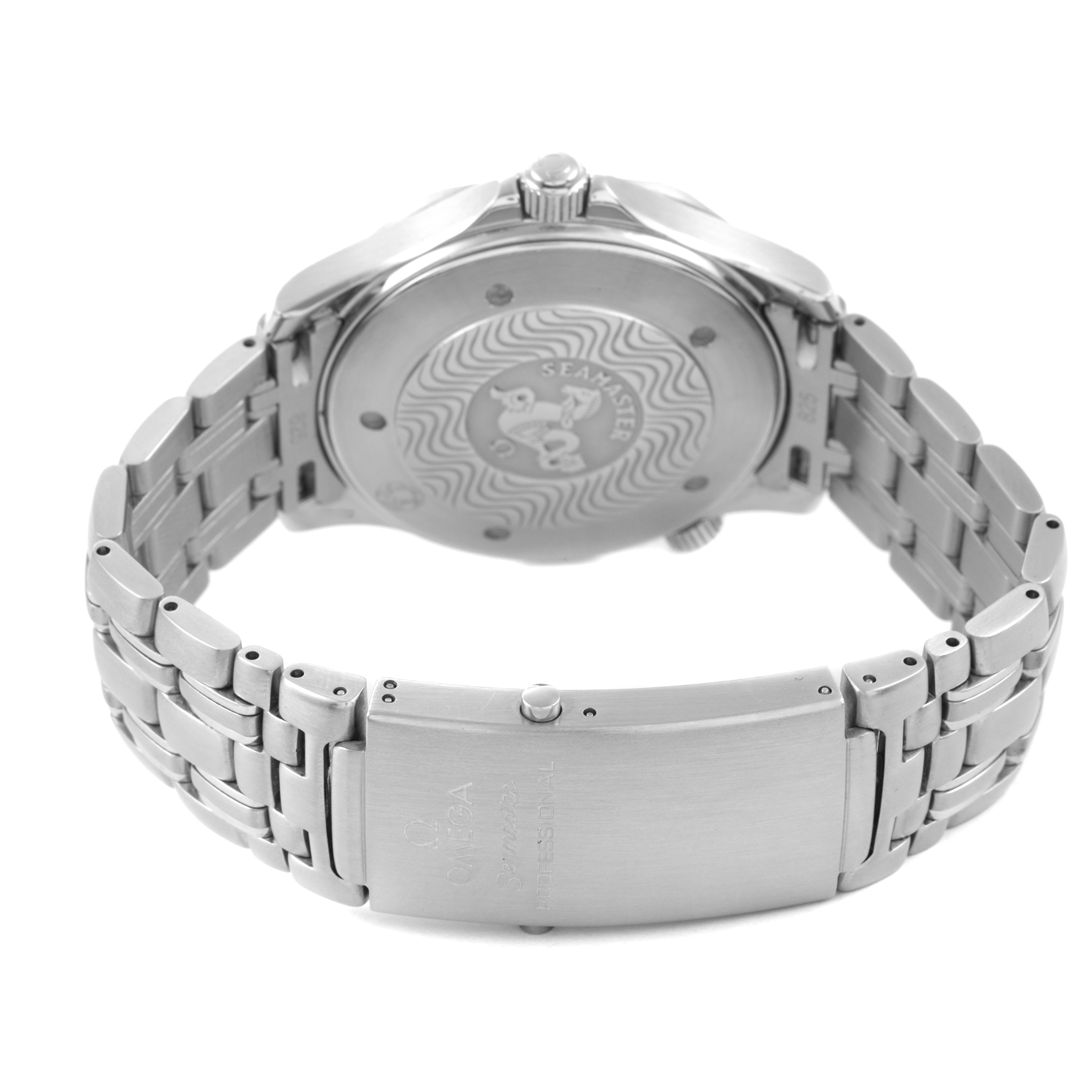 The image shows the back and clasp of an Omega Seamaster 2531.80.00 Men's Stainless Steel Blue Dial watch, highlighting the case back and stainless steel bracelet.