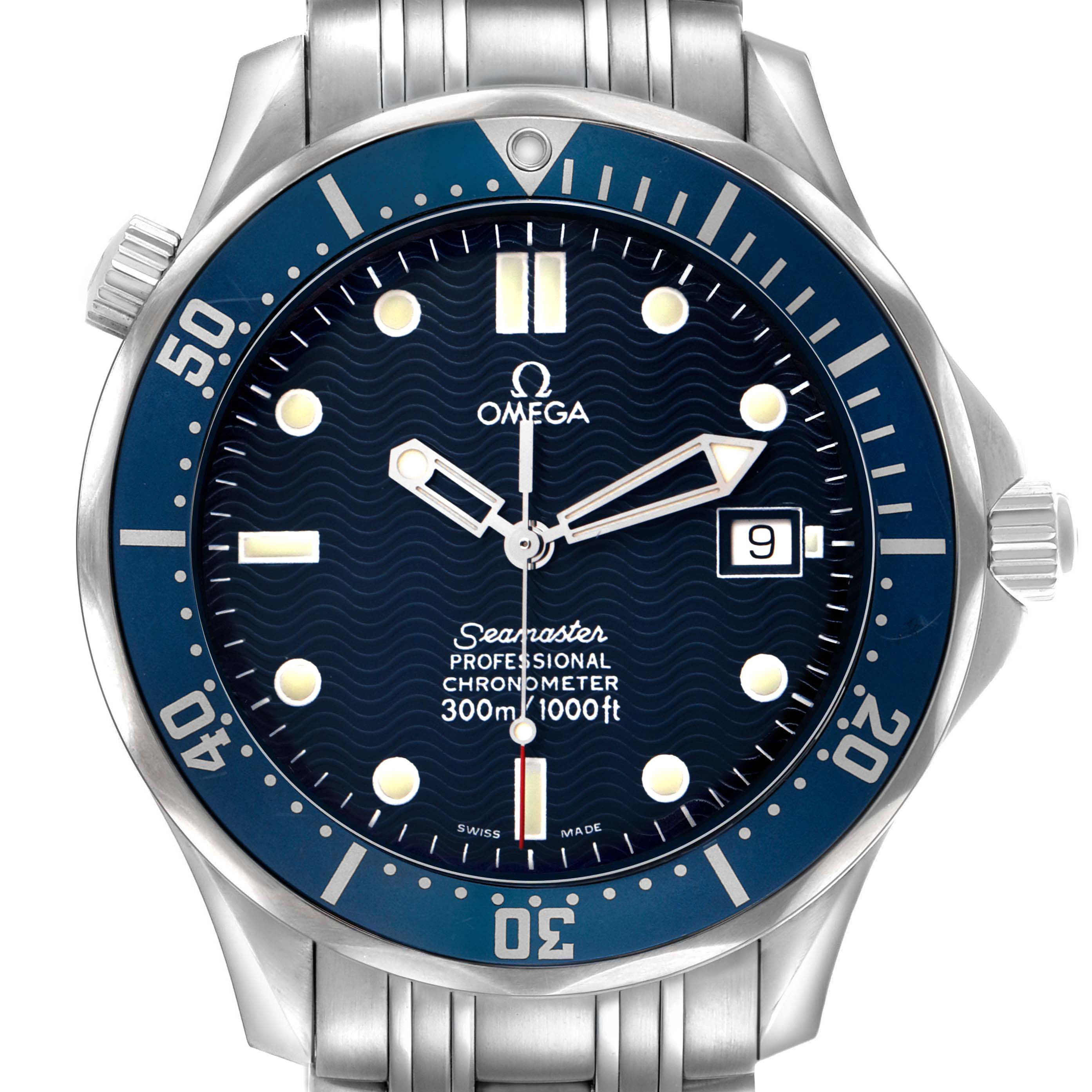 The Omega Seamaster 2531.80.00 Men's Stainless Steel Blue Dial watch is shown in a front-facing angle, highlighting the blue dial, bezel, and bracelet.