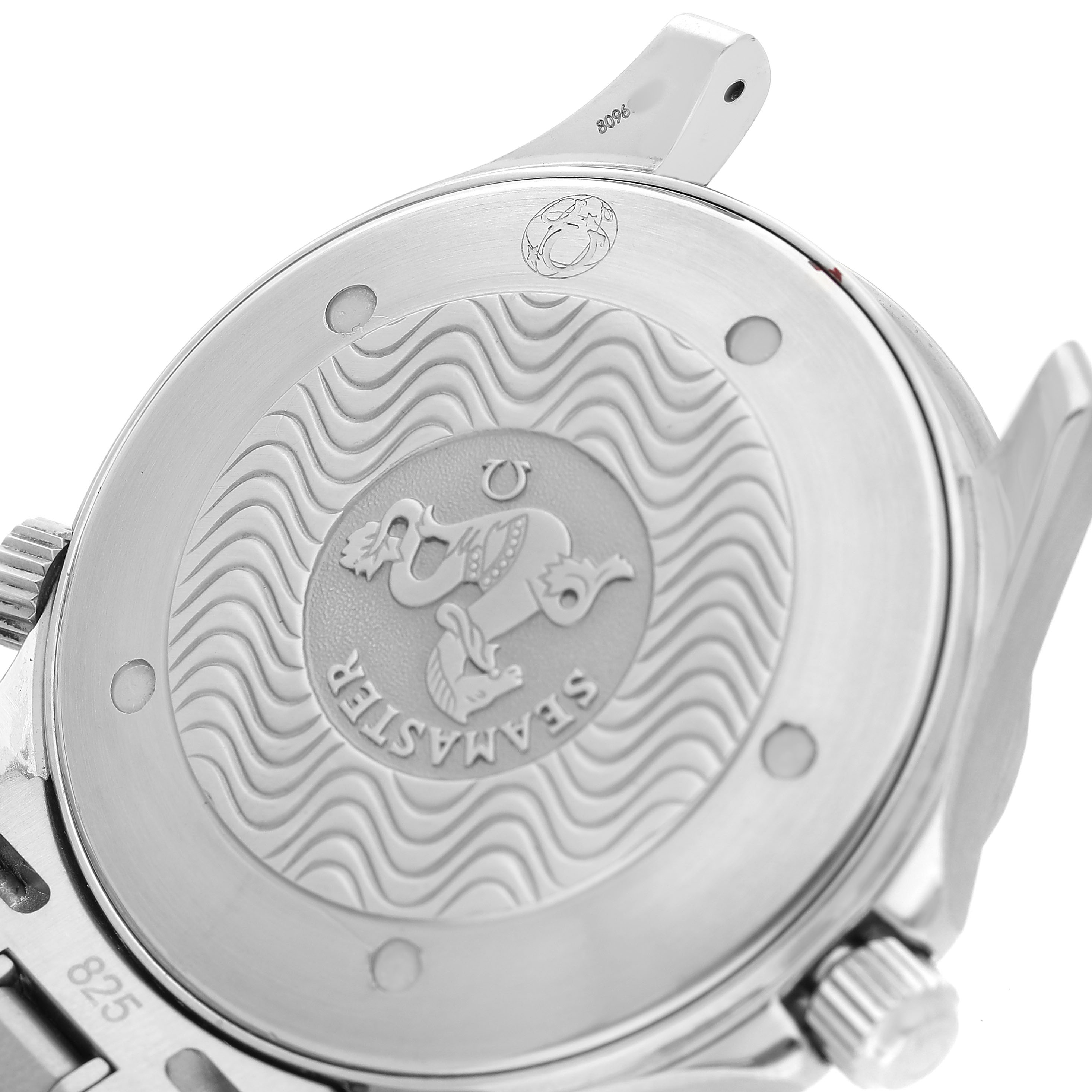The image shows the back case of the Omega Seamaster 2531.80.00 Men's Stainless Steel Blue Dial watch, highlighting the engraved design and branding.