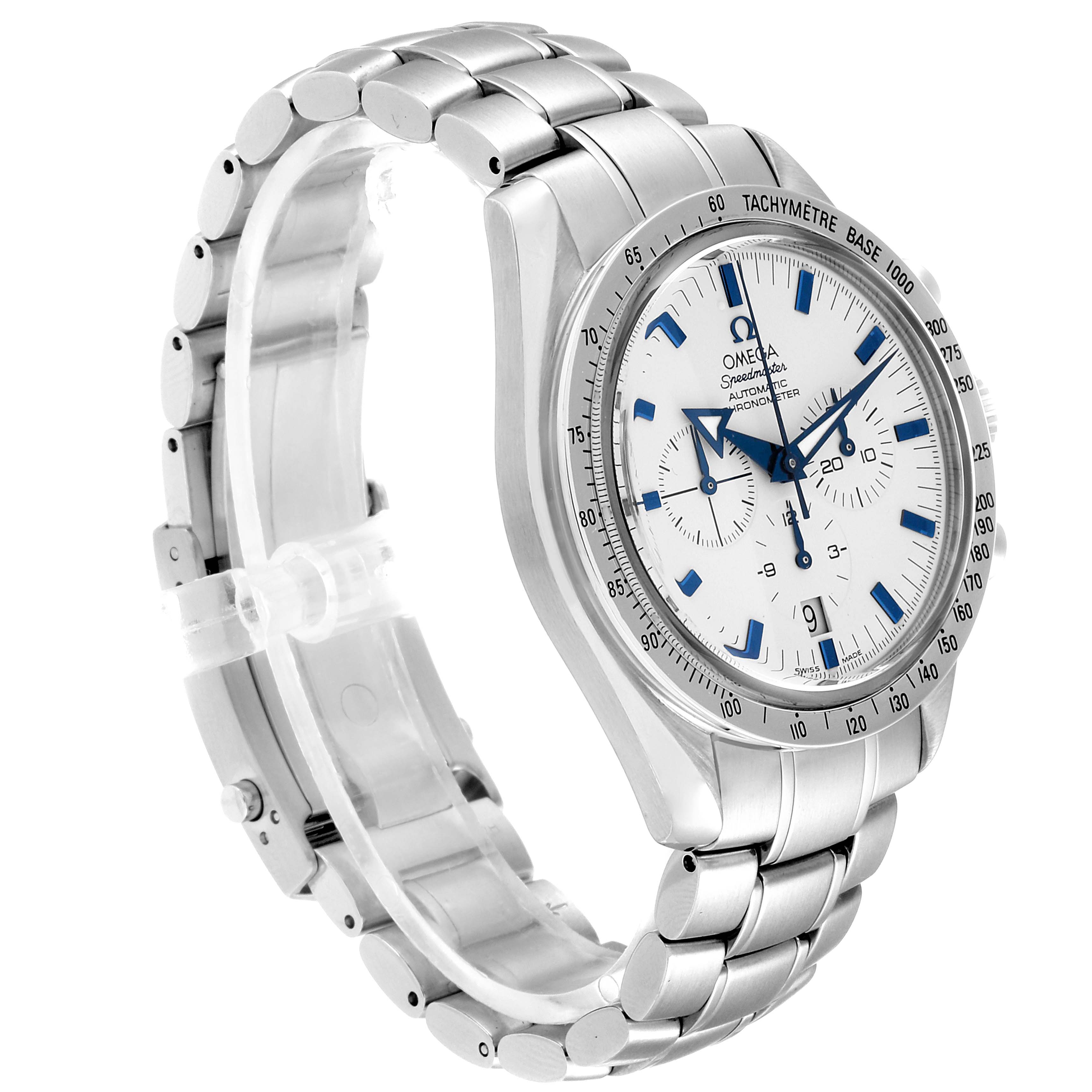 The Omega Speedmaster 3551.20.00 Men's Stainless Steel White Dial 3551.20.00 Men's Stainless Steel White Dial watch is shown at a slight angle, highlighting the face, bezel, and metal bracelet.