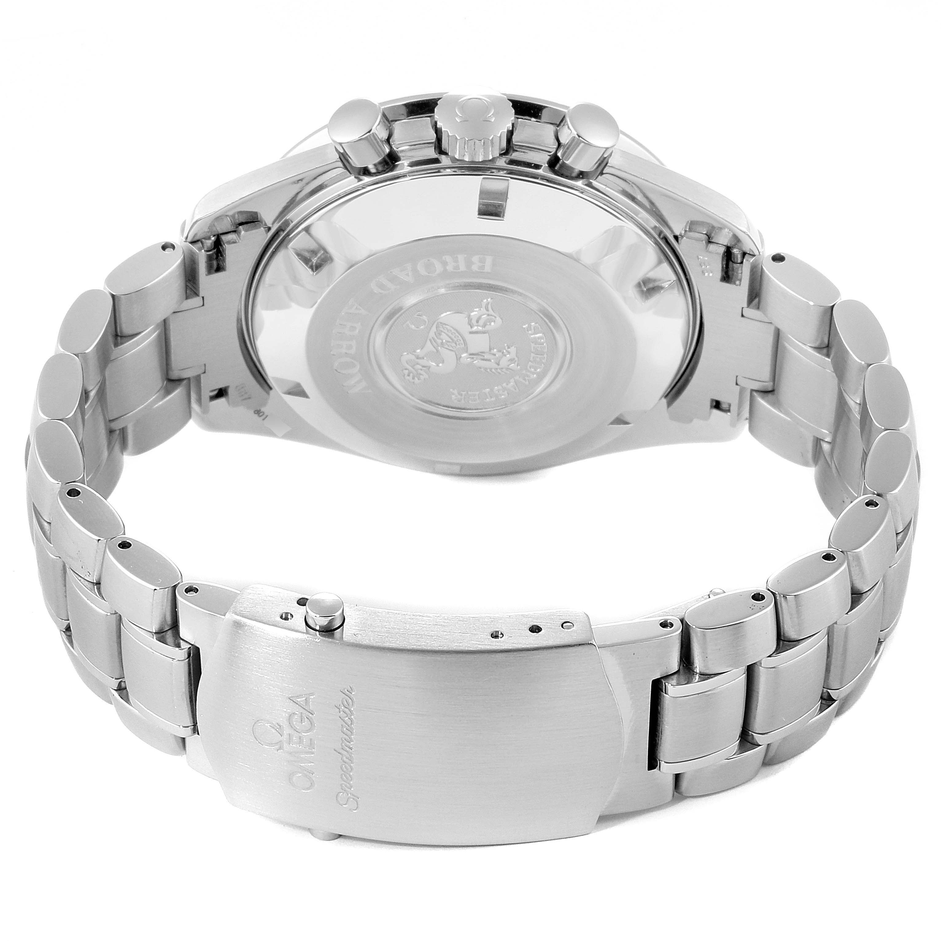 This image shows the back view of an Omega Speedmaster 3551.20.00 Men's Stainless Steel White Dial 3551.20.00 Men's Stainless Steel White Dial, displaying the case back, crown, pushers, and metal bracelet with the clasp.
