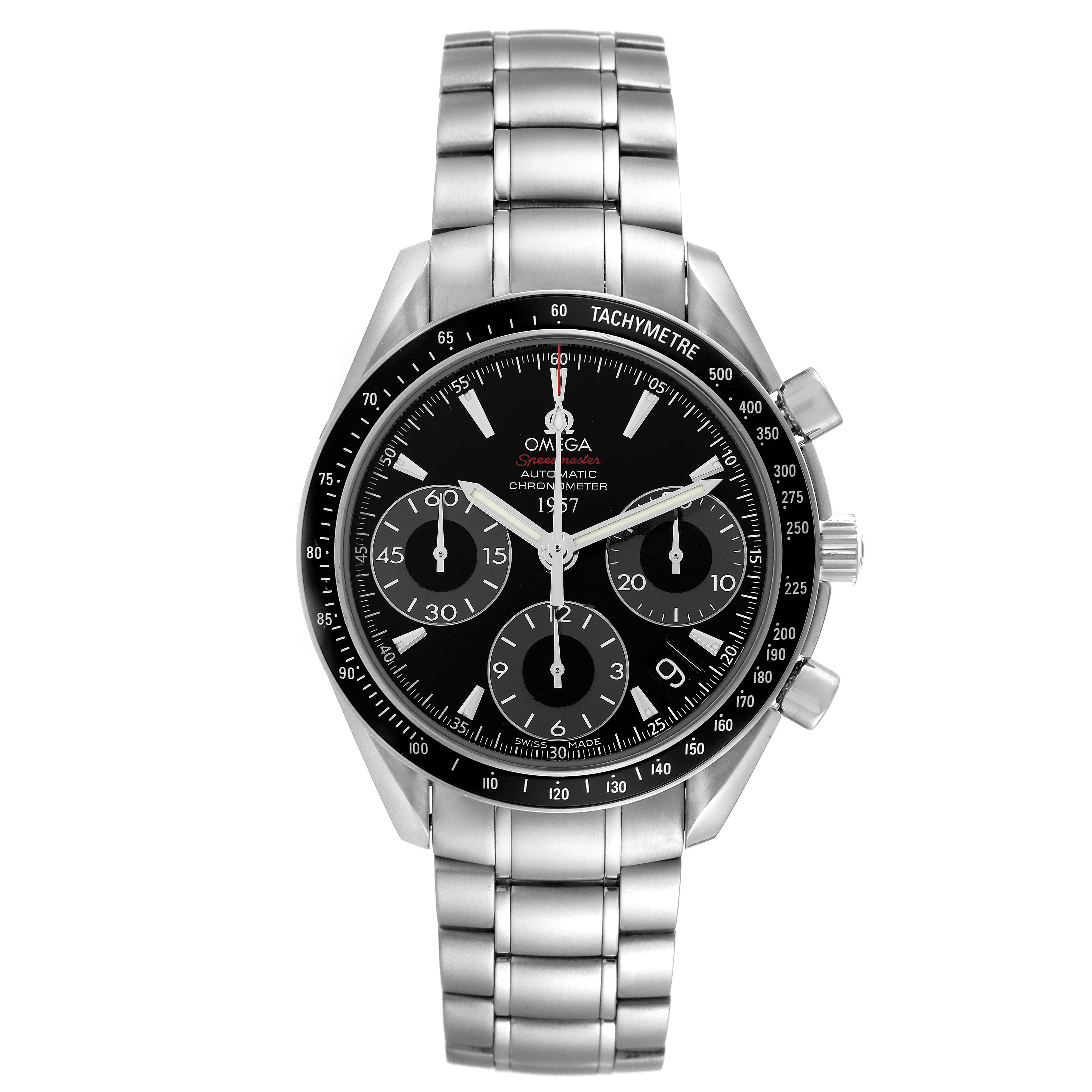 This image shows a front view of the Omega Speedmaster 323.30.40.40.01.001 Men's Stainless Steel Black Dial 323.30.40.40.01.001 Men's Stainless Steel Black Dial watch, featuring its dial, tachymeter bezel, and stainless steel bracelet.
