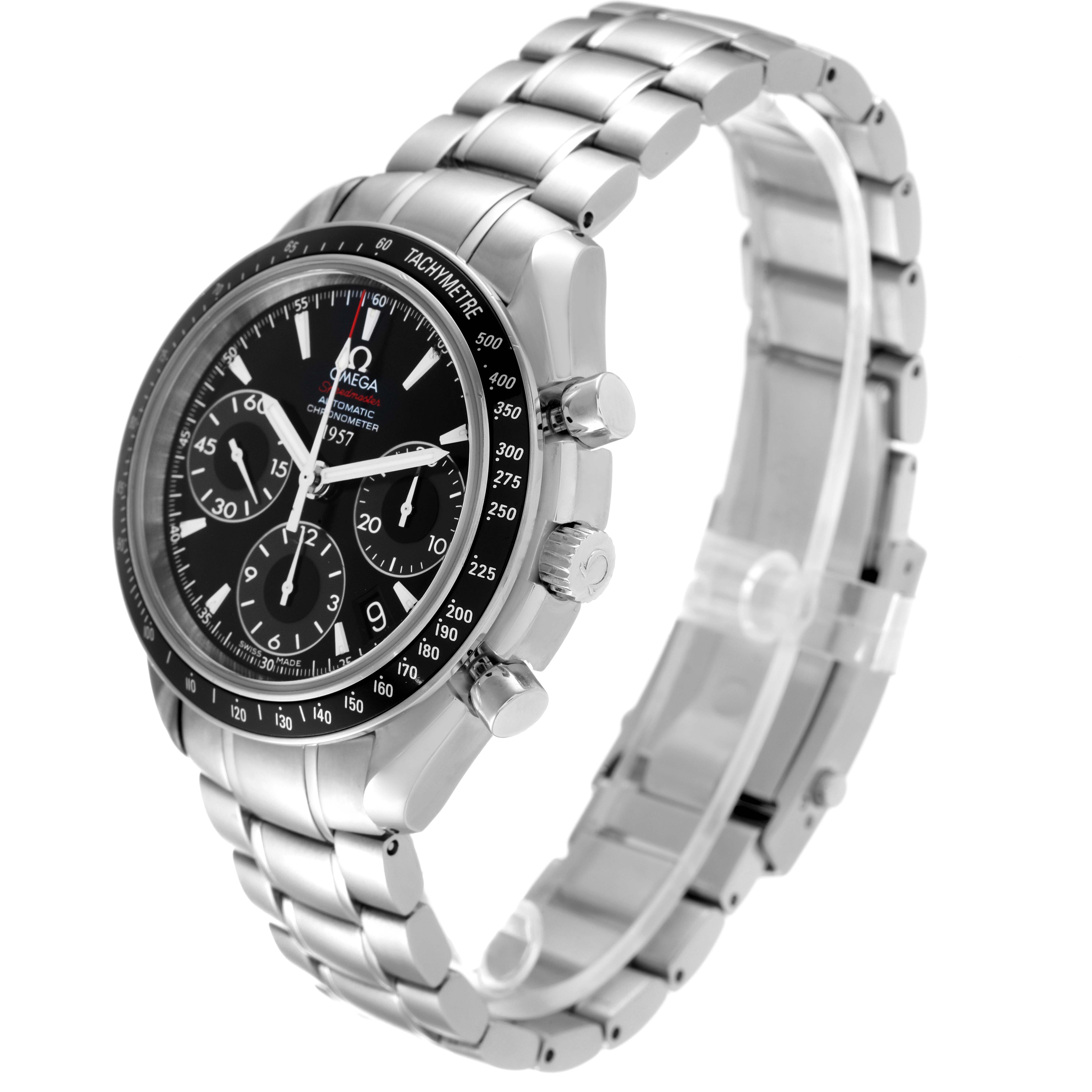 The image shows an Omega Speedmaster 323.30.40.40.01.001 Men's Stainless Steel Black Dial 323.30.40.40.01.001 Men's Stainless Steel Black Dial watch at a tilted angle, highlighting the face, bezel, pushers, and metal bracelet.
