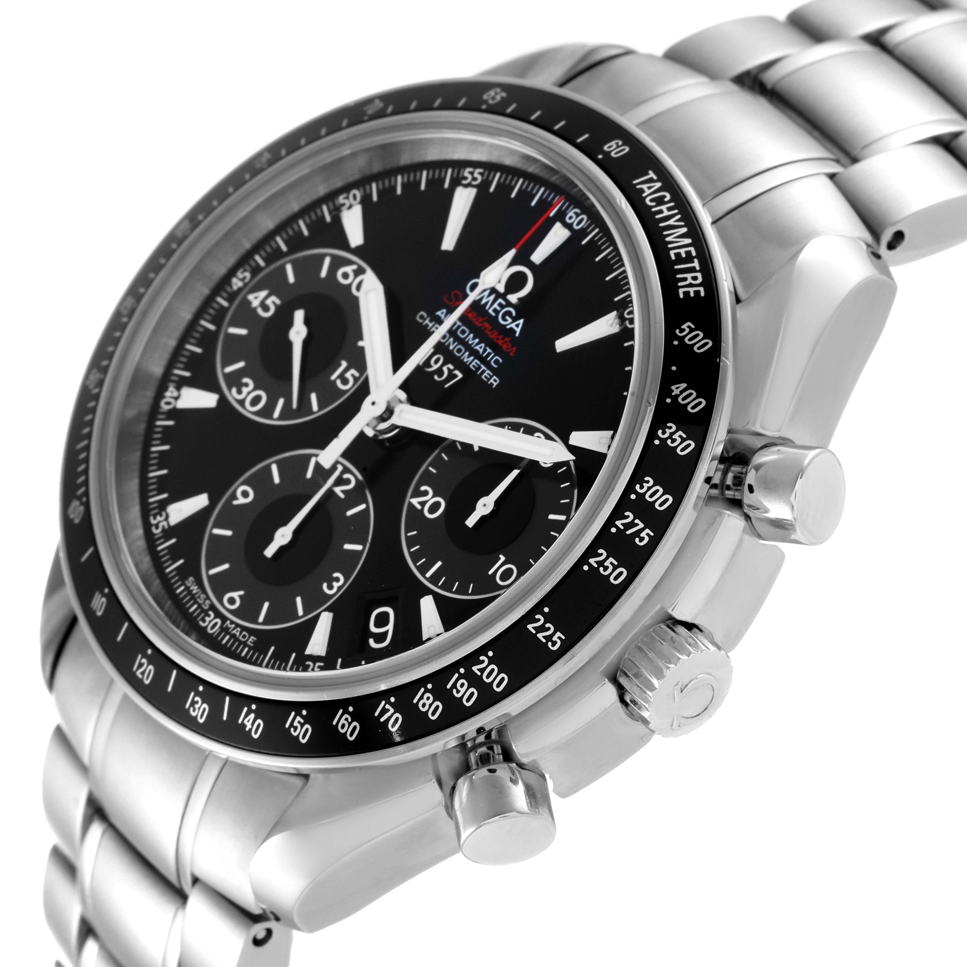 The Omega Speedmaster 323.30.40.40.01.001 Men's Stainless Steel Black Dial 323.30.40.40.01.001 Men's Stainless Steel Black Dial watch is shown at a diagonal angle displaying its face, bezel, crown, and bracelet.