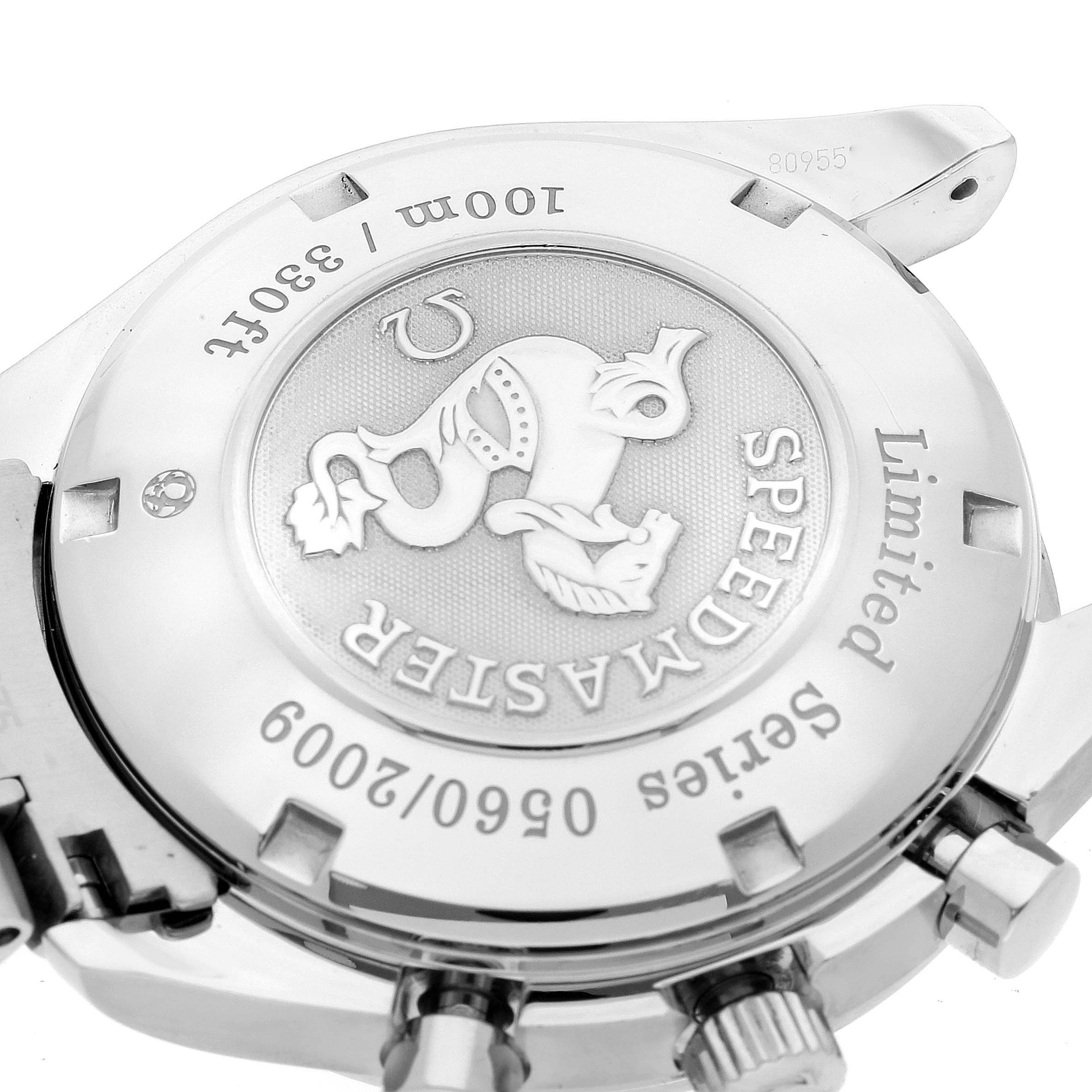 This image shows the back case of an Omega Speedmaster 323.30.40.40.01.001 Men's Stainless Steel Black Dial 323.30.40.40.01.001 Men's Stainless Steel Black Dial watch, highlighting its "Limited Series" engraving and logo.