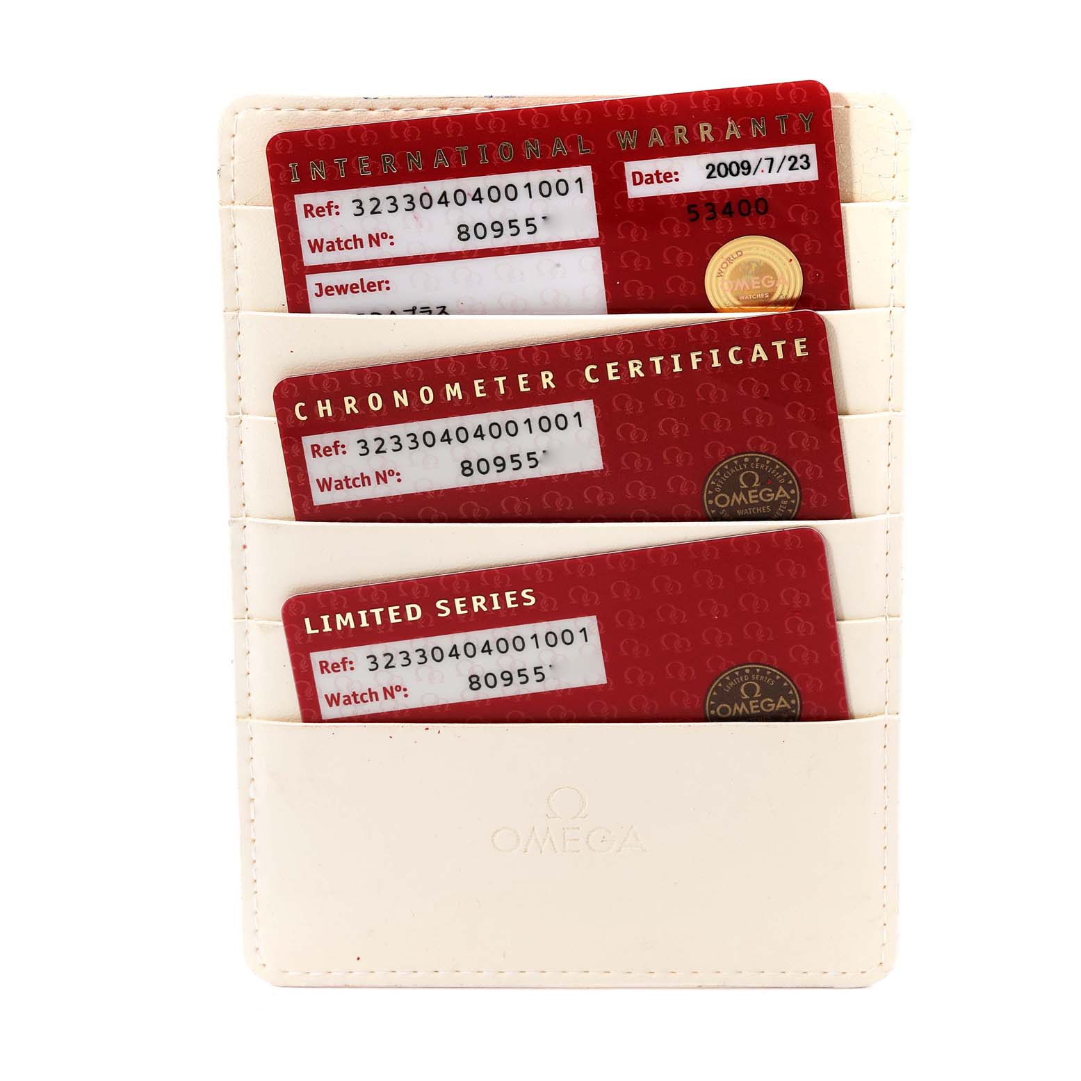 This image shows the warranty, chronometer certificate, and limited series cards for the Omega Speedmaster 323.30.40.40.01.001 Men's Stainless Steel Black Dial 323.30.40.40.01.001 Men's Stainless Steel Black Dial, viewed front-on in a card holder.