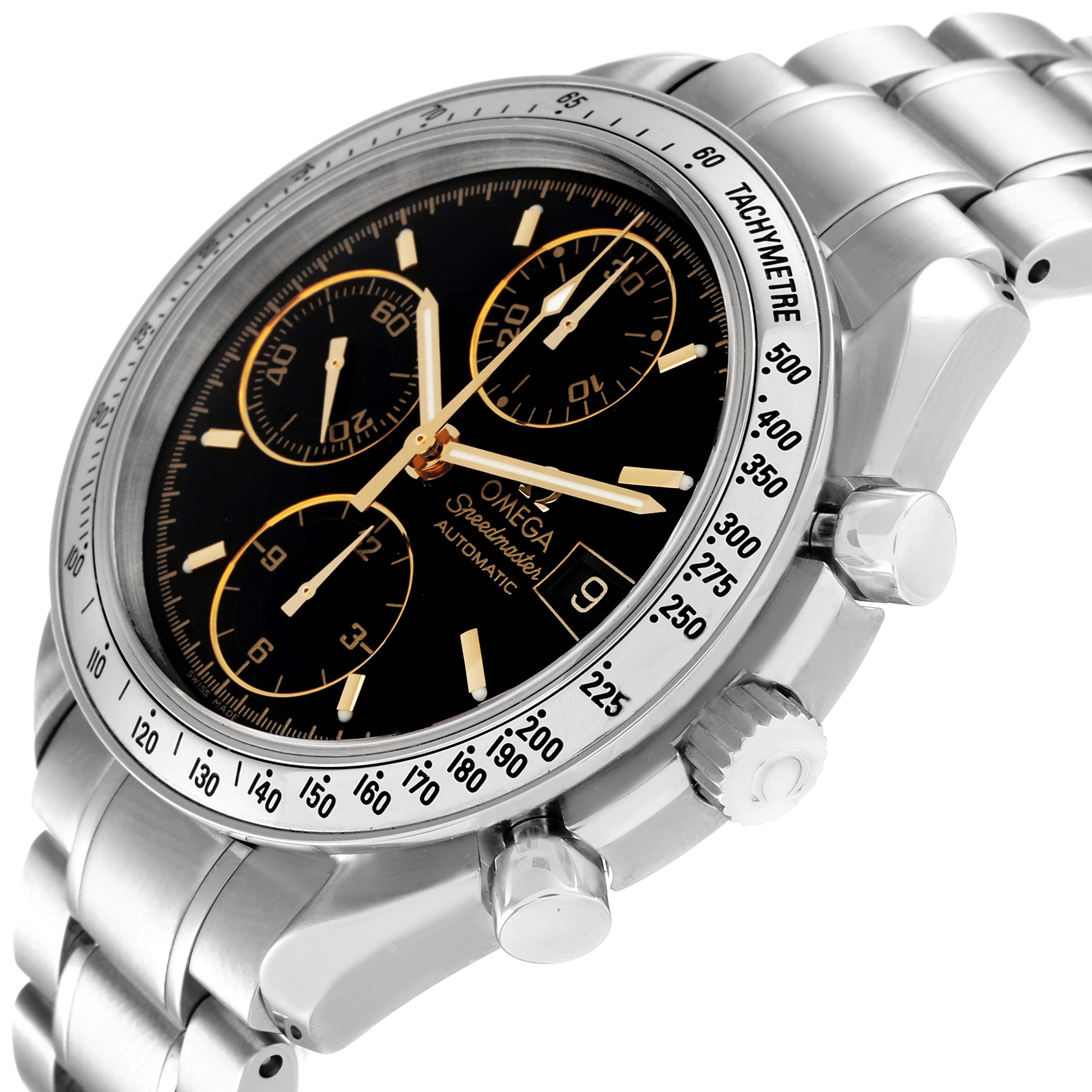 The image shows an angled view of the Omega Speedmaster 3513.54.00 Men's Stainless Steel Black Dial 3513.54.00 Men's Stainless Steel Black Dial watch, highlighting the dial, tachymeter bezel, and pushers.
