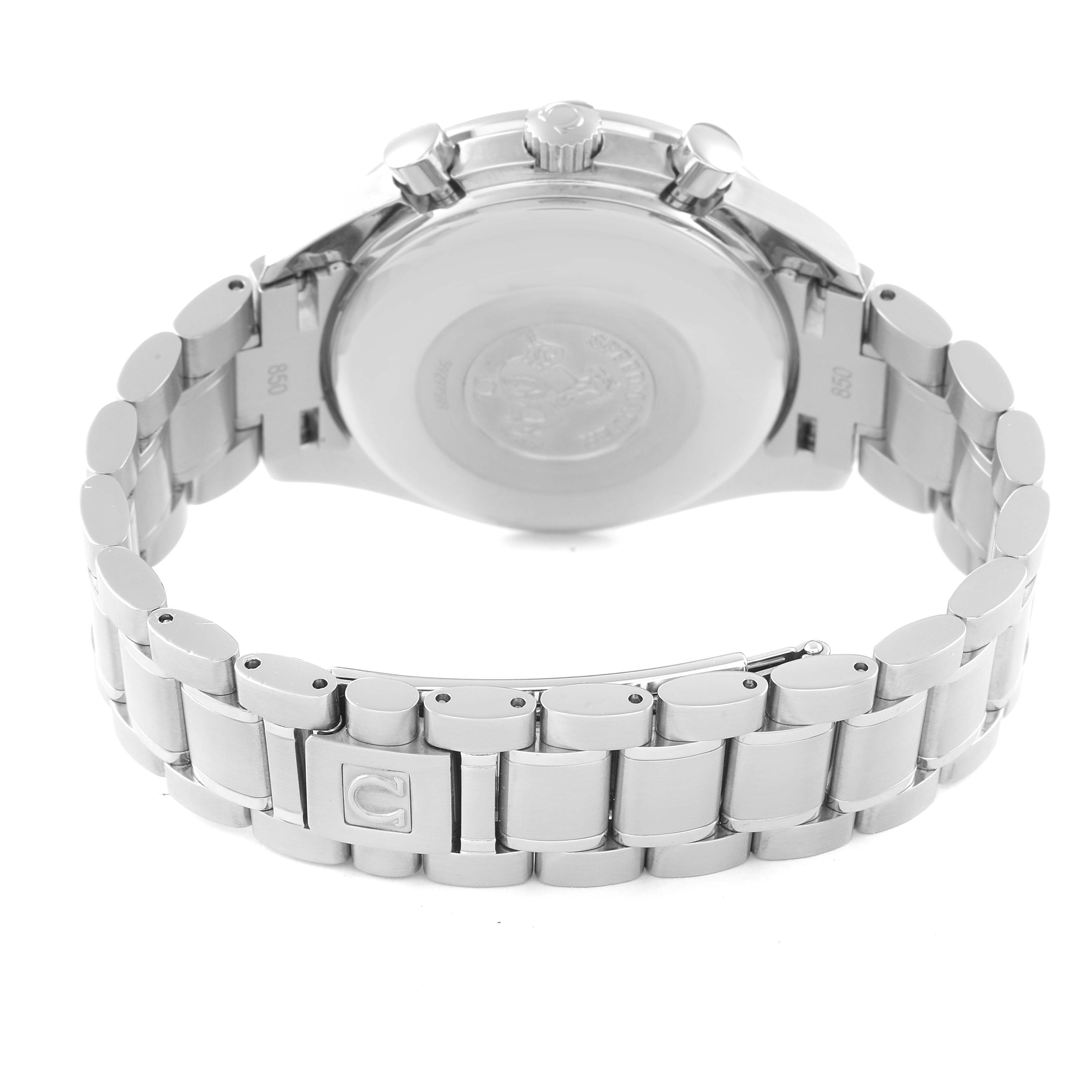 This image shows the back case and bracelet of an Omega Speedmaster 3513.54.00 Men's Stainless Steel Black Dial 3513.54.00 Men's Stainless Steel Black Dial watch from a rear angle.