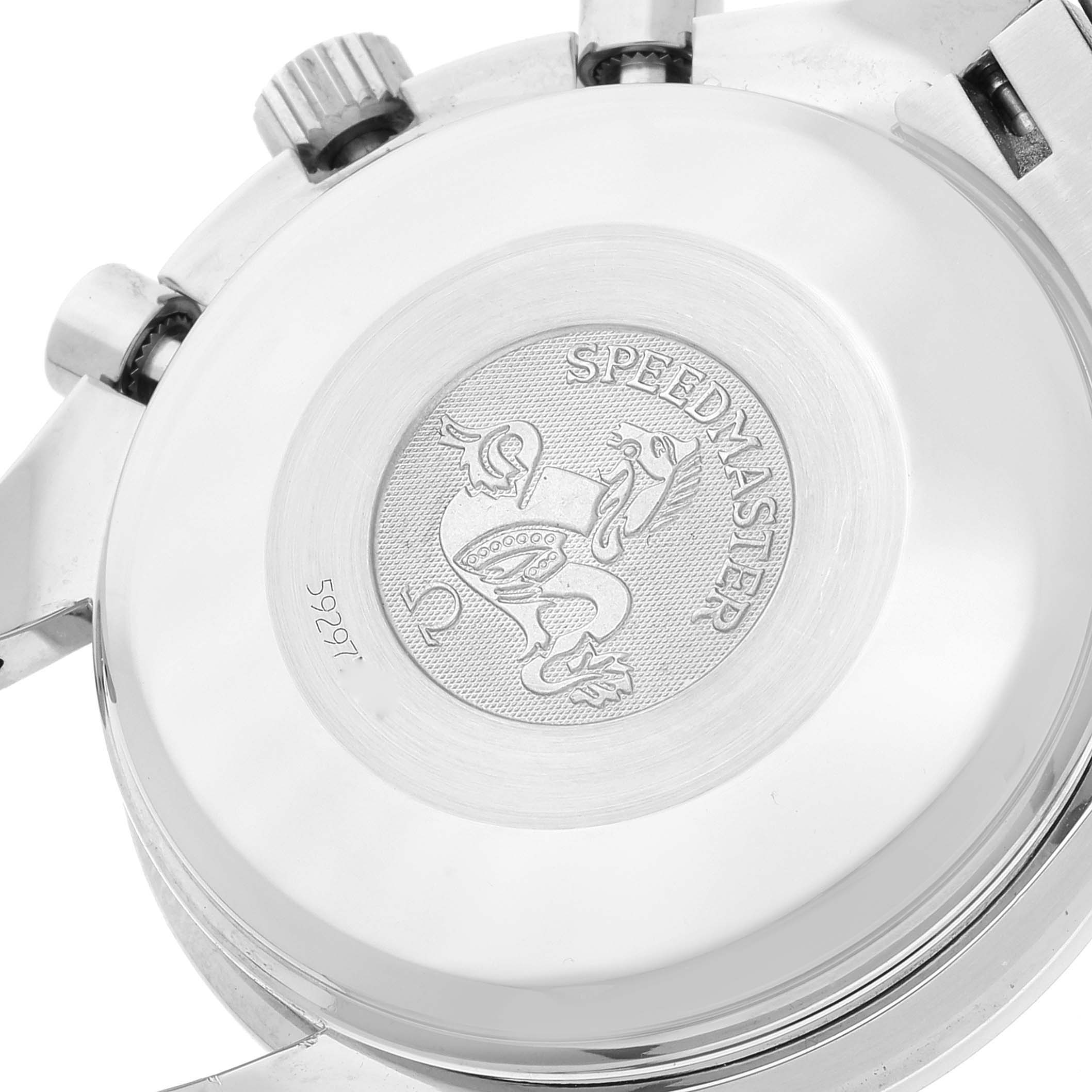 The image shows the back case of the Omega Speedmaster 3513.54.00 Men's Stainless Steel Black Dial 3513.54.00 Men's Stainless Steel Black Dial watch, featuring its branding and logo.