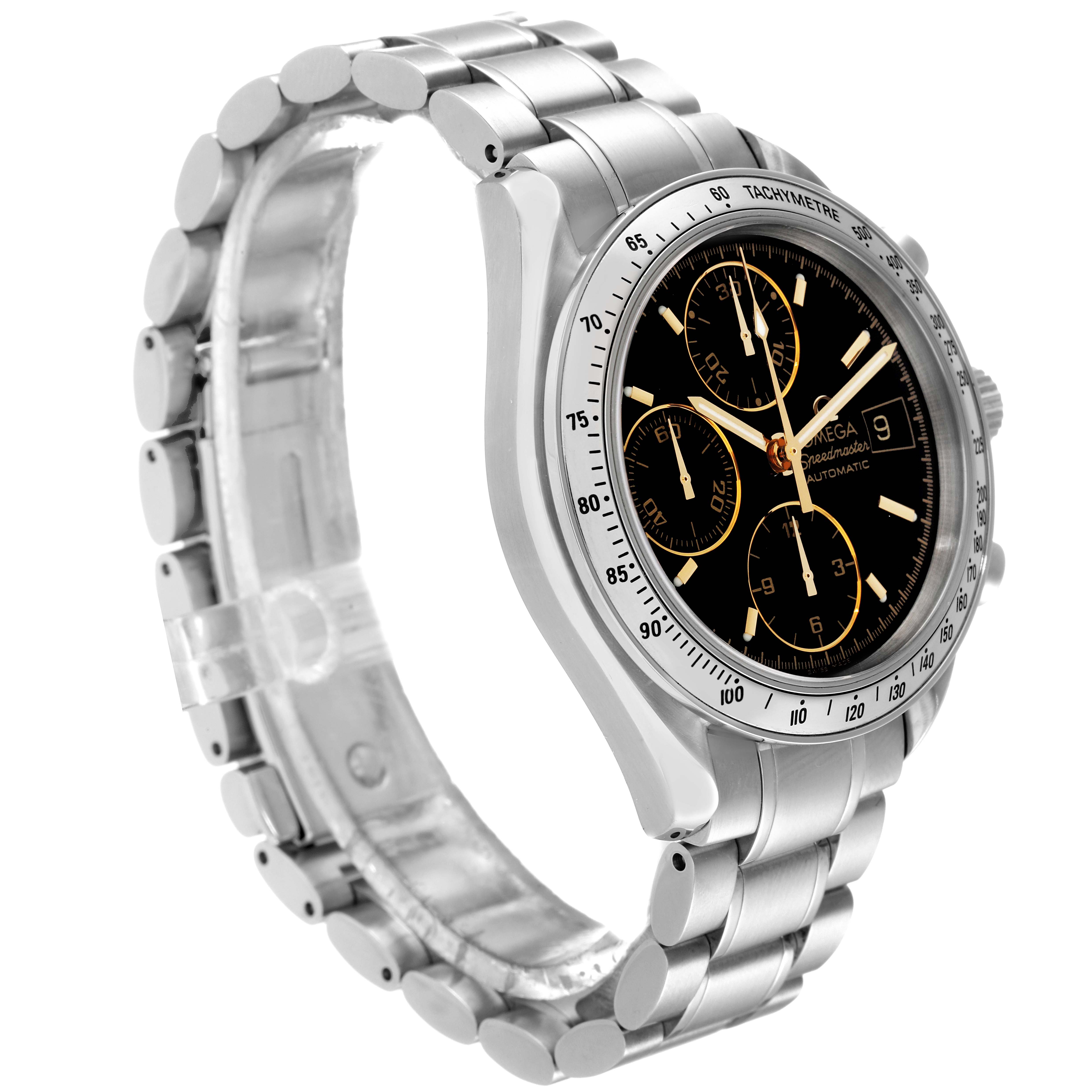 The image shows an angled side view of the Omega Speedmaster 3513.54.00 Men's Stainless Steel Black Dial 3513.54.00 Men's Stainless Steel Black Dial watch, highlighting the face, bezel, and metal bracelet.