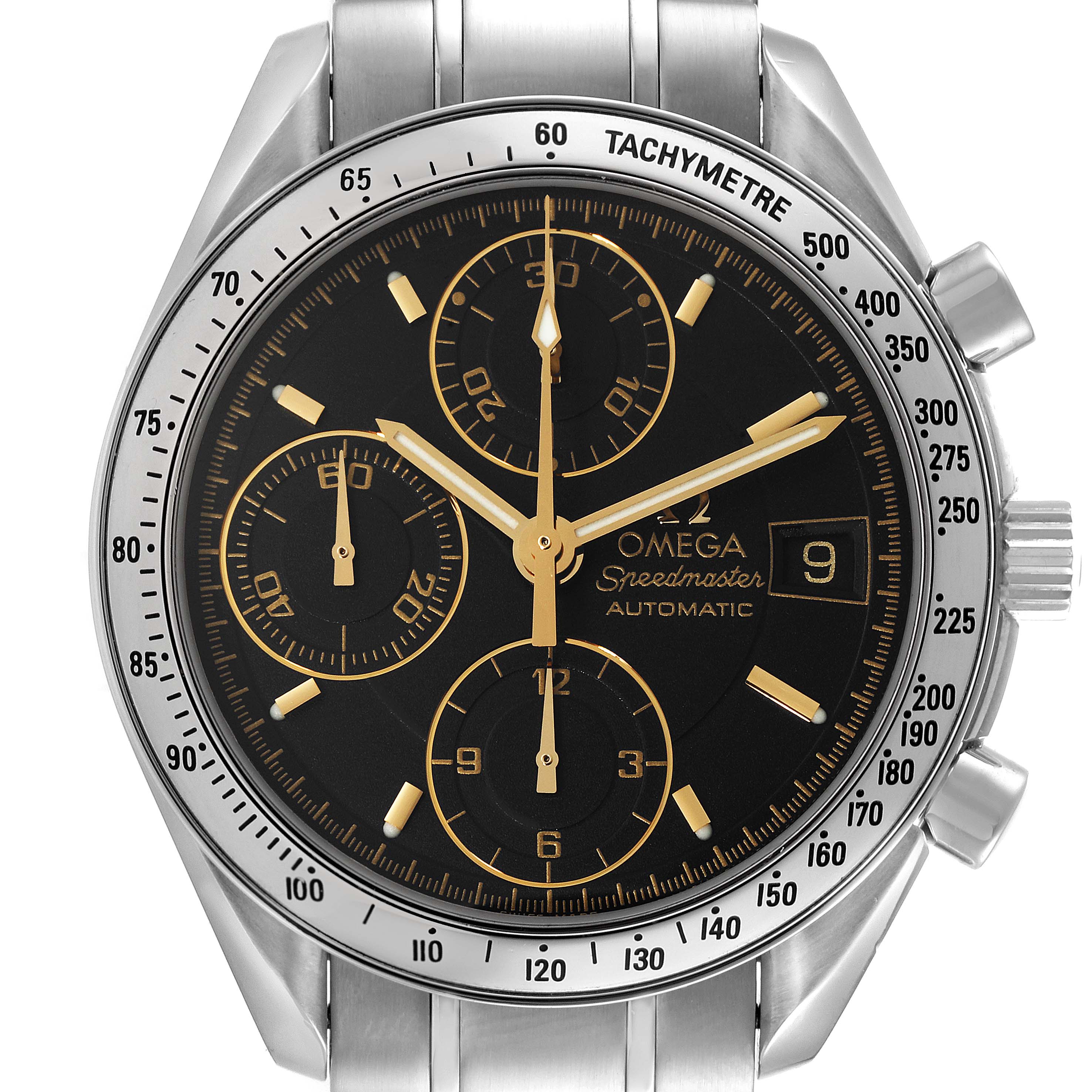 The image shows a frontal view of an Omega Speedmaster 3513.54.00 Men's Stainless Steel Black Dial 3513.54.00 Men's Stainless Steel Black Dial watch, highlighting its black dial, chronograph subdials, and tachymeter bezel.