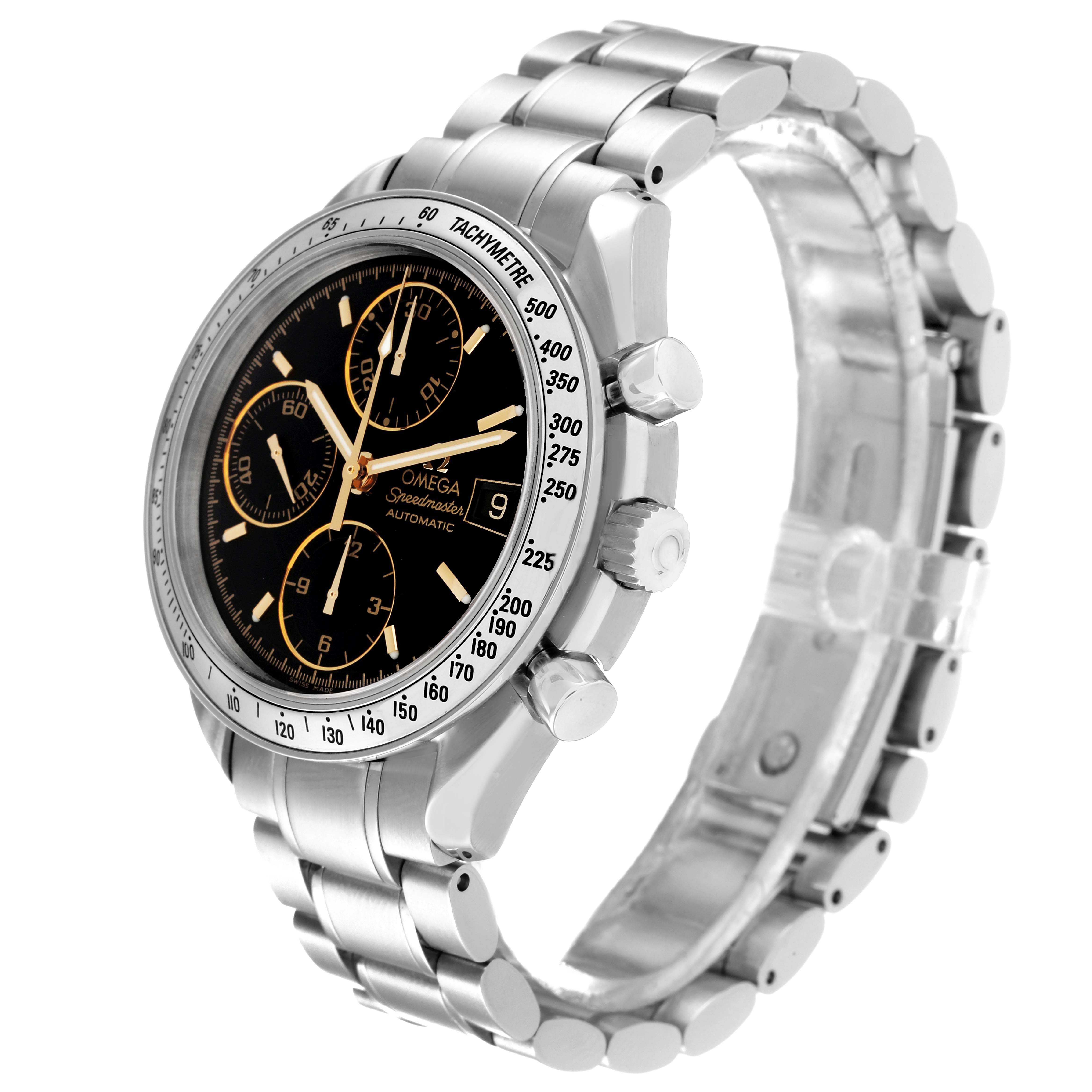 The Omega Speedmaster 3513.54.00 Men's Stainless Steel Black Dial 3513.54.00 Men's Stainless Steel Black Dial watch is shown at a three-quarter angle, displaying the face, bezel, and metal bracelet.