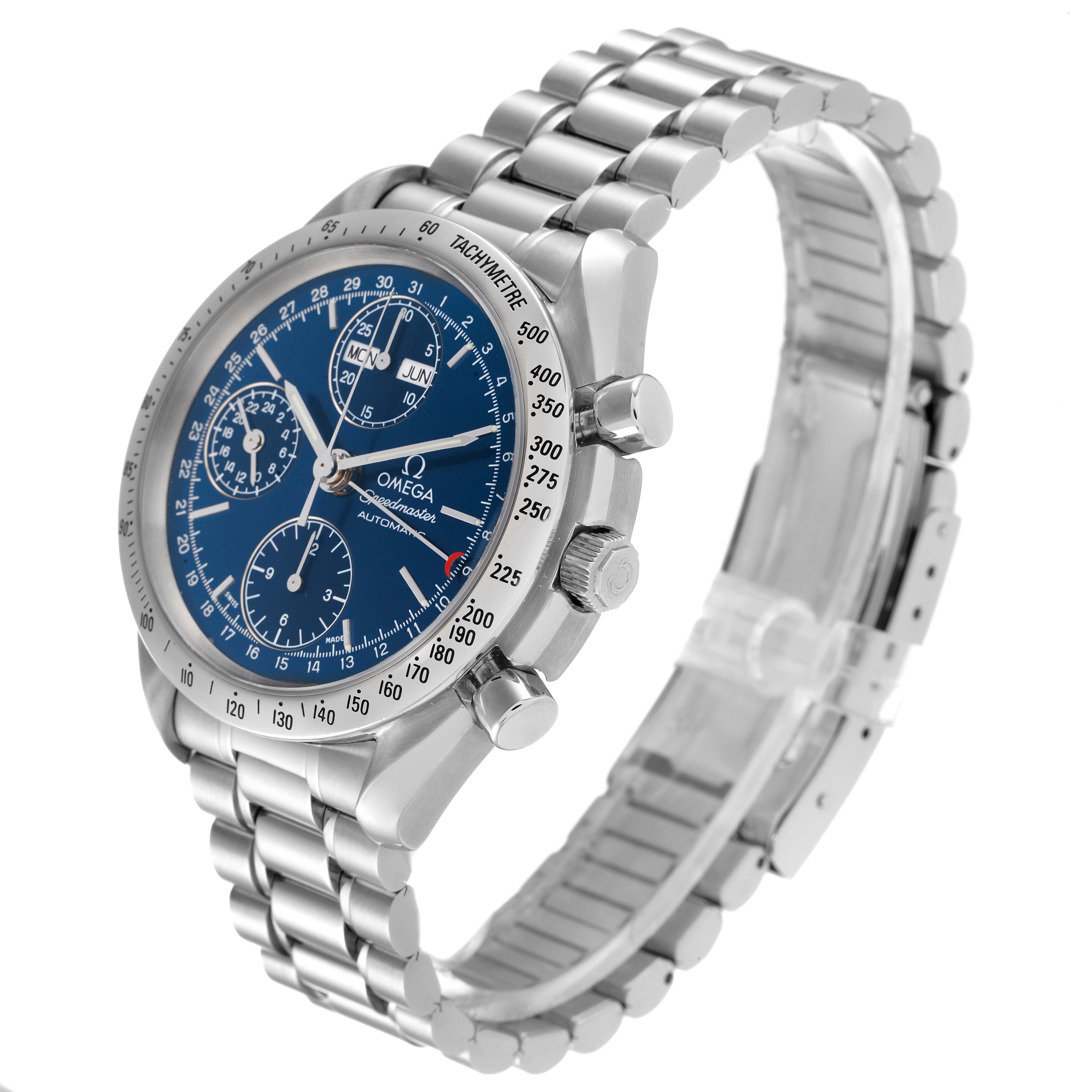 The image shows an Omega Speedmaster 3521.80.00 Men's Stainless Steel Blue Dial 3521.80.00 Men's Stainless Steel Blue Dial watch at a three-quarter angle, highlighting the face, bracelet, and side buttons.