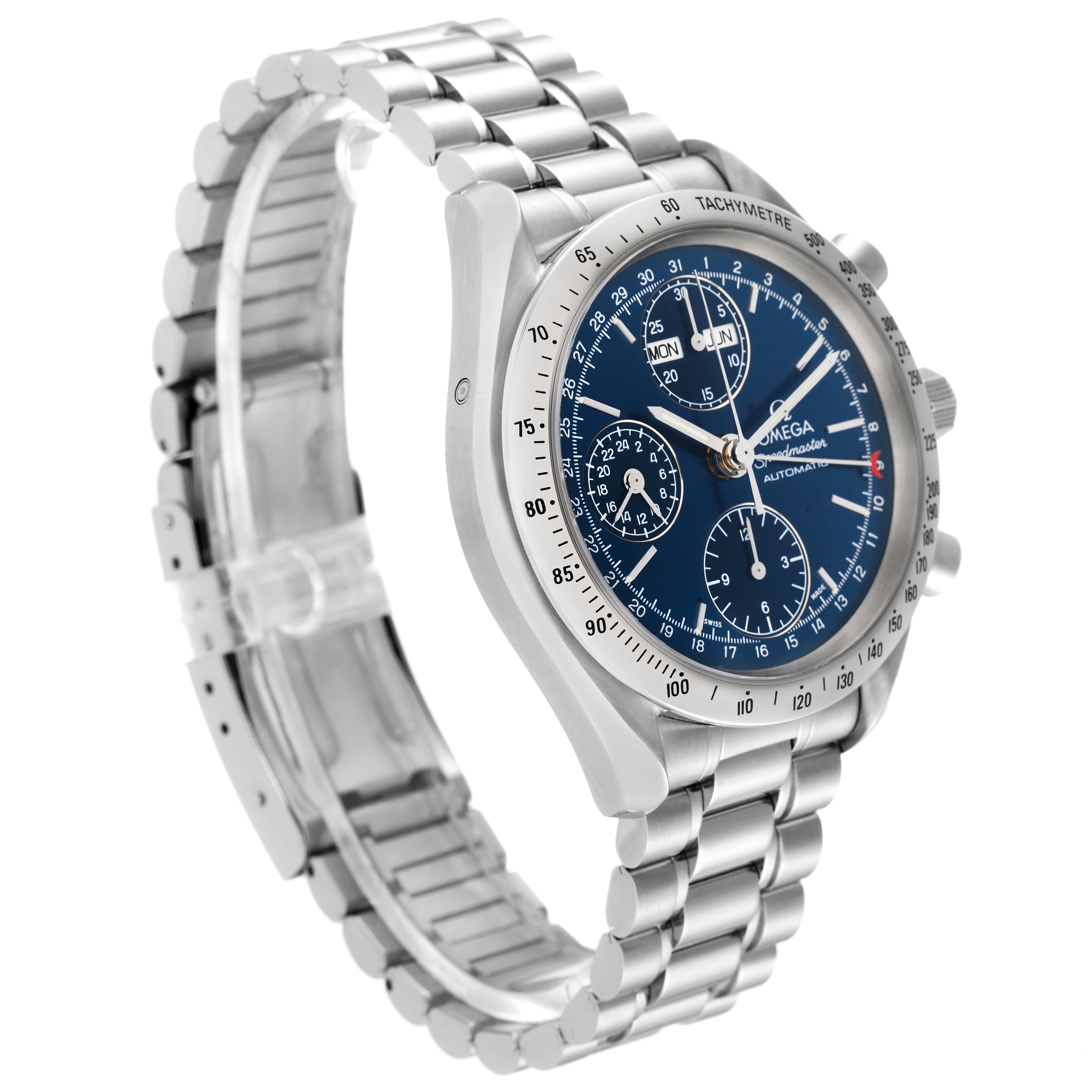The Omega Speedmaster 3521.80.00 Men's Stainless Steel Blue Dial 3521.80.00 Men's Stainless Steel Blue Dial watch is shown from an angled side view, highlighting its face and metal bracelet.