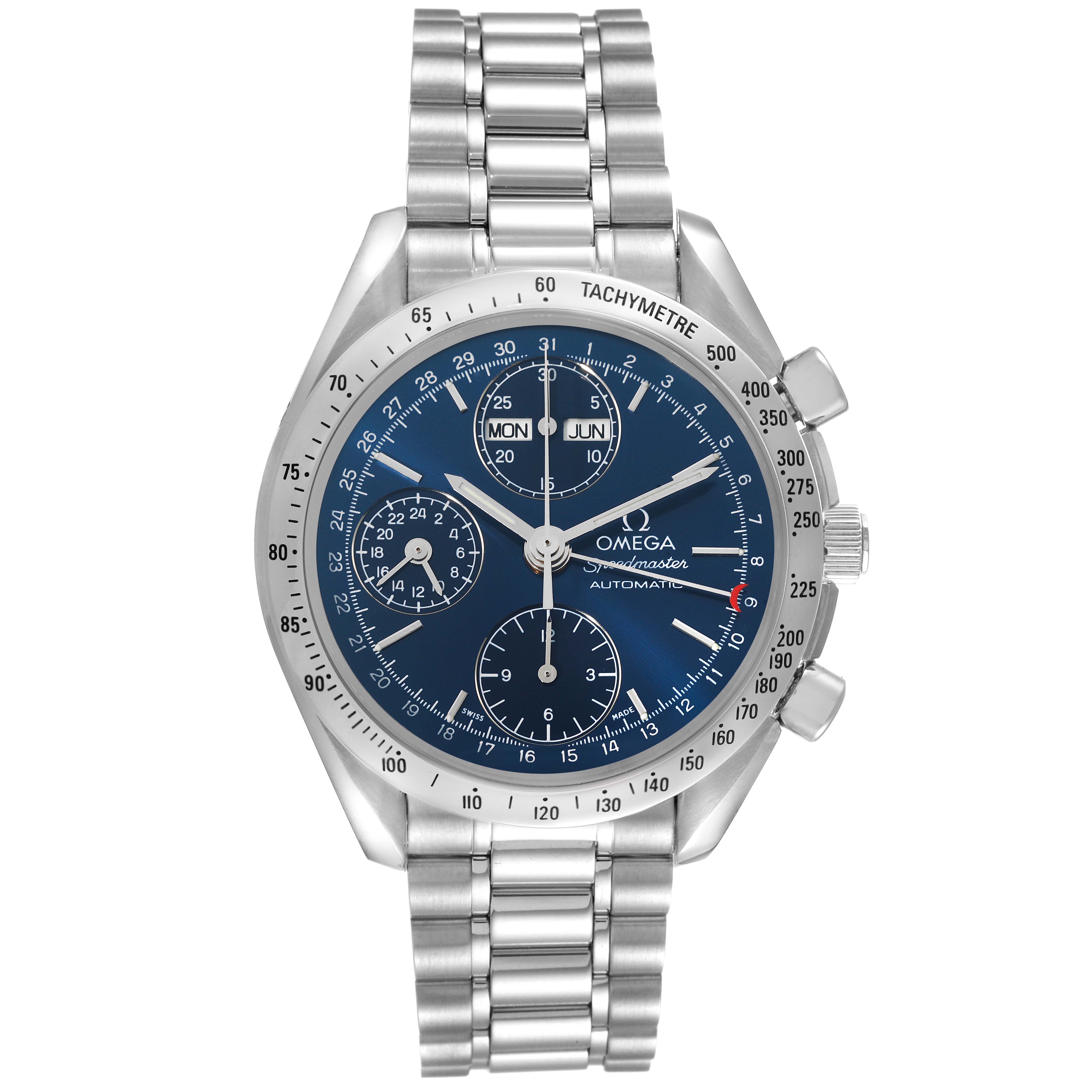 This image shows the front view of an Omega Speedmaster 3521.80.00 Men's Stainless Steel Blue Dial 3521.80.00 Men's Stainless Steel Blue Dial watch, featuring its dial, case, bracelet, and tachymeter.