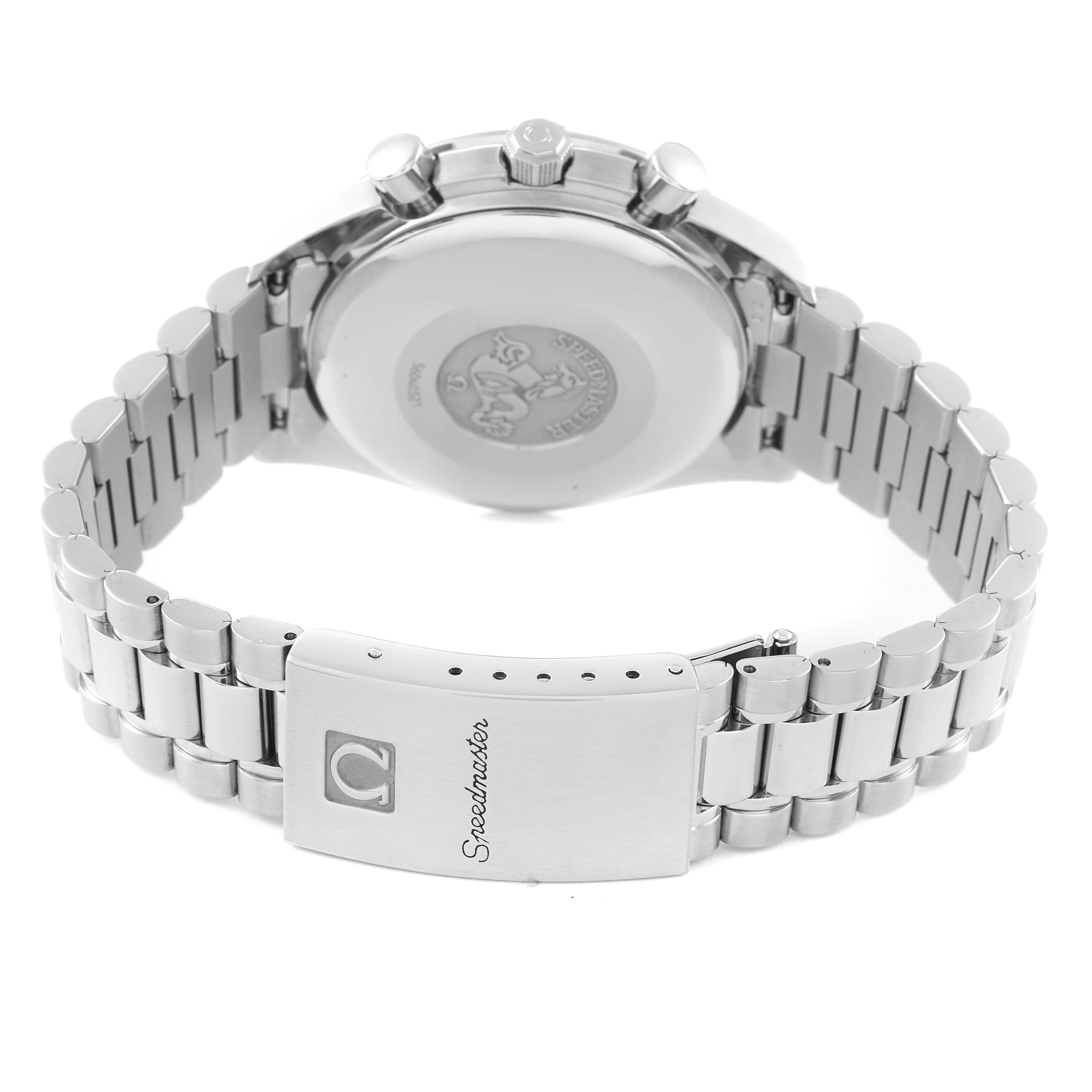 The image shows the back view of an Omega Speedmaster 3521.80.00 Men's Stainless Steel Blue Dial 3521.80.00 Men's Stainless Steel Blue Dial watch, highlighting its bracelet and clasp with the Speedmaster engraving.