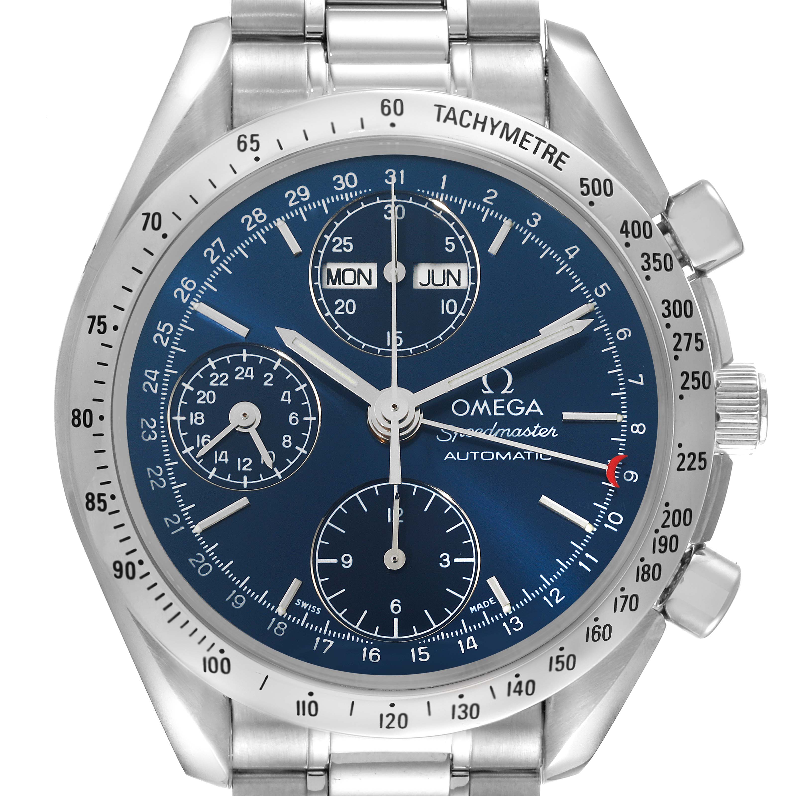 The image shows a frontal view of the Omega Speedmaster 3521.80.00 Men's Stainless Steel Blue Dial 3521.80.00 Men's Stainless Steel Blue Dial watch, highlighting the face, dial, tachymeter, subdials, and bracelet.