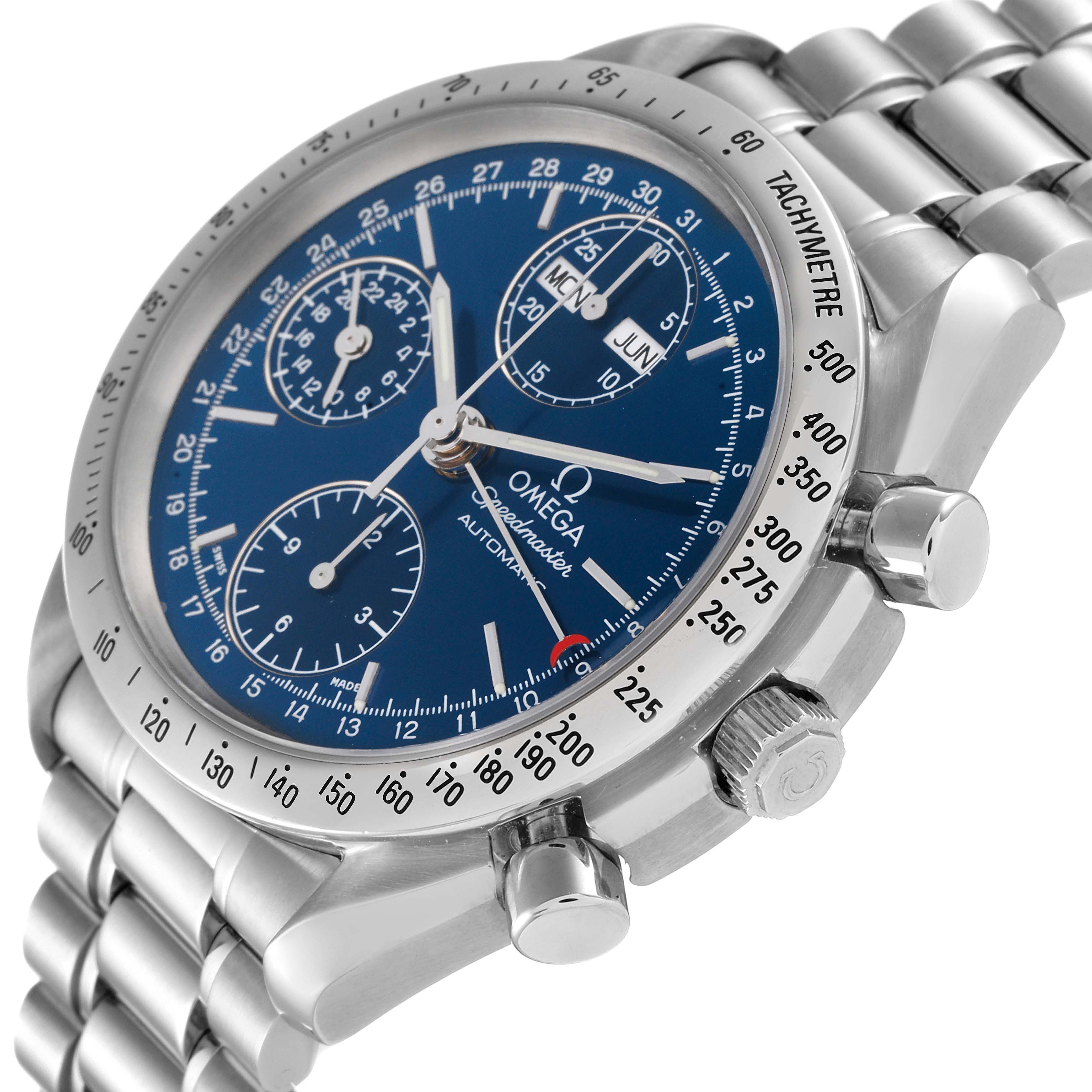 The image shows the dial side and crown of the Omega Speedmaster 3521.80.00 Men's Stainless Steel Blue Dial 3521.80.00 Men's Stainless Steel Blue Dial watch at an oblique angle.