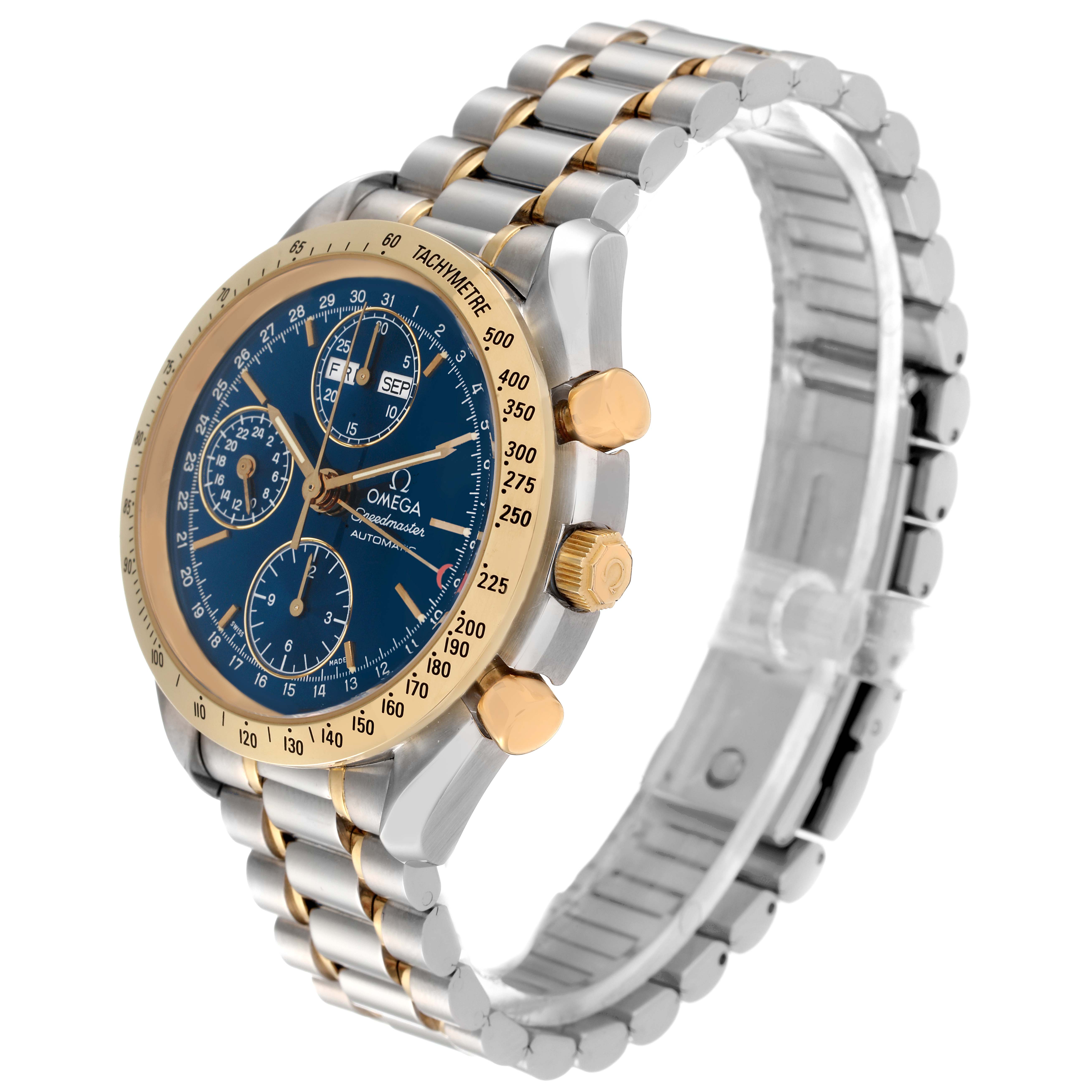 This Omega Speedmaster 3321.80.00 Men's Steel and Gold (two tone) Blue Dial 3321.80.00 Men's Steel and Gold (two tone) Blue Dial watch is shown at a three-quarter angle, highlighting the face, bezel, crown, and bracelet.