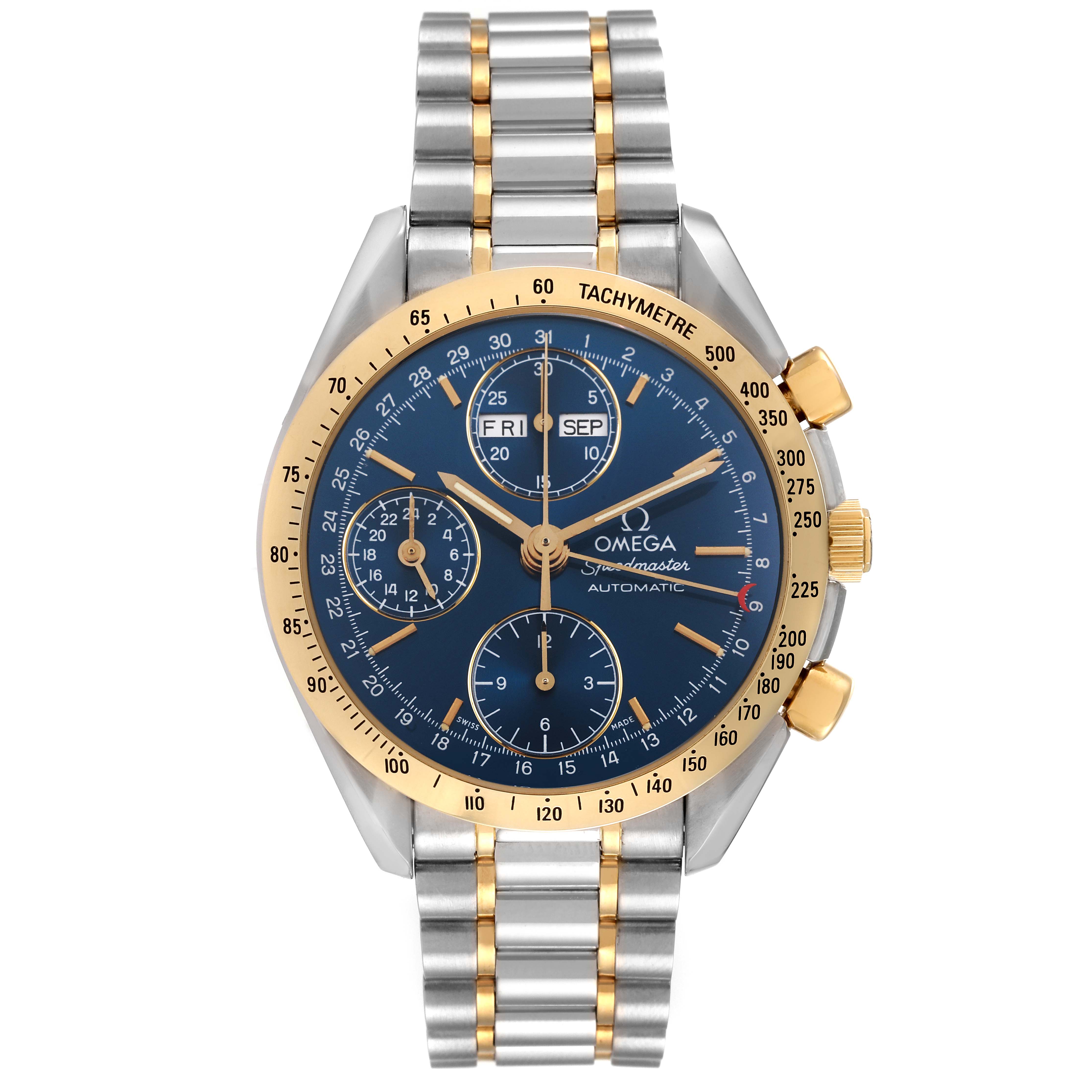 The image shows a front view of an Omega Speedmaster 3321.80.00 Men's Steel and Gold (two tone) Blue Dial 3321.80.00 Men's Steel and Gold (two tone) Blue Dial watch, displaying its dial, bezel, bracelet, and chronograph subdials.