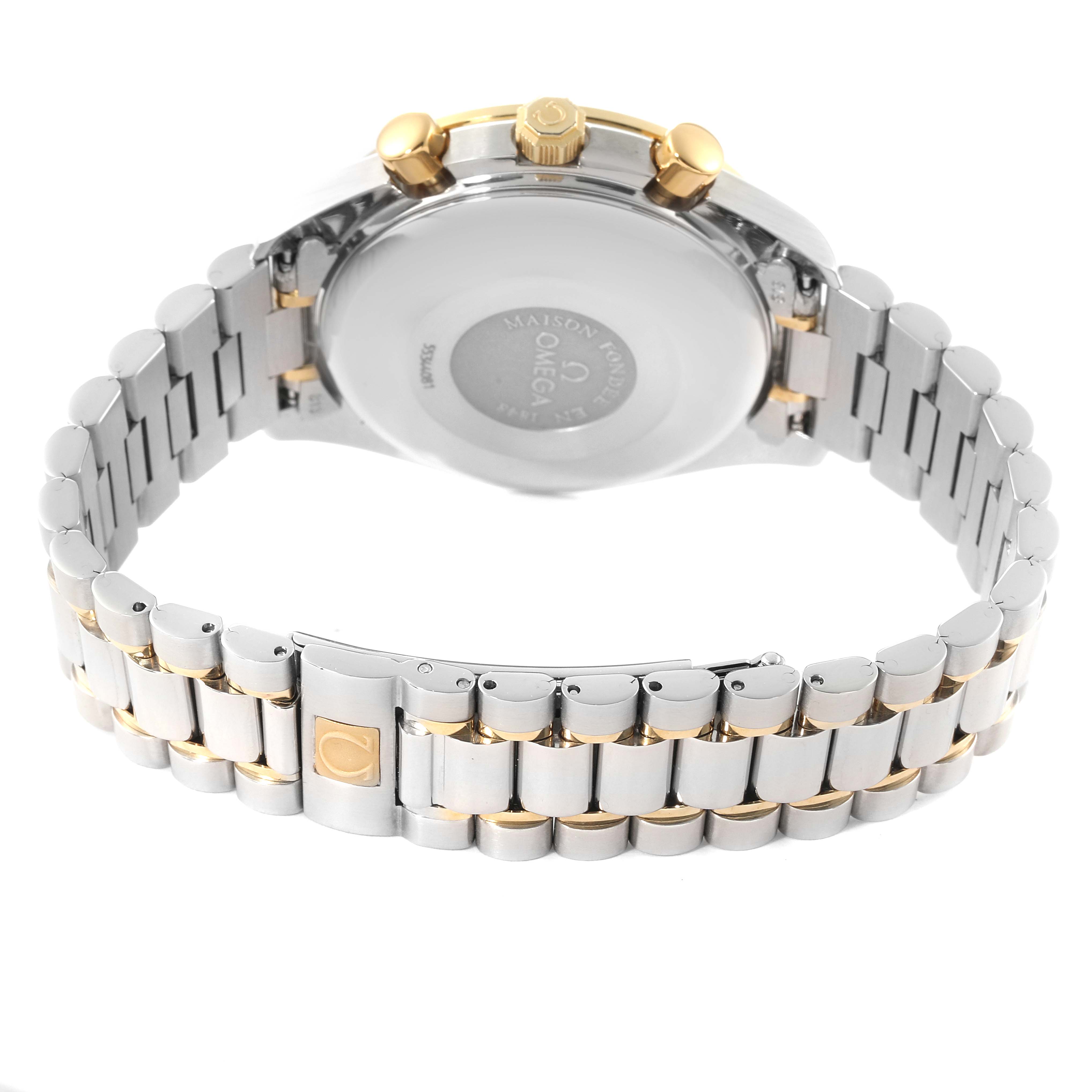 This image shows the back of an Omega Speedmaster 3321.80.00 Men's Steel and Gold (two tone) Blue Dial 3321.80.00 Men's Steel and Gold (two tone) Blue Dial watch, highlighting its clasp, bracelet, and case back.