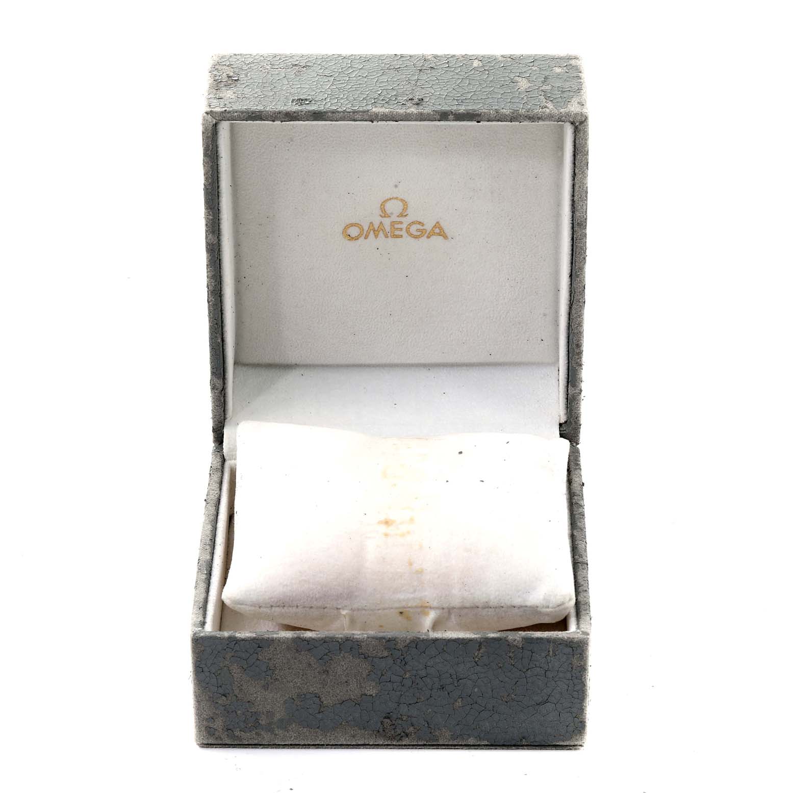 The image shows an open Omega Speedmaster 3321.80.00 Men's Steel and Gold (two tone) Blue Dial 3321.80.00 Men's Steel and Gold (two tone) Blue Dial watch box, viewed head-on, with a cushion inside.