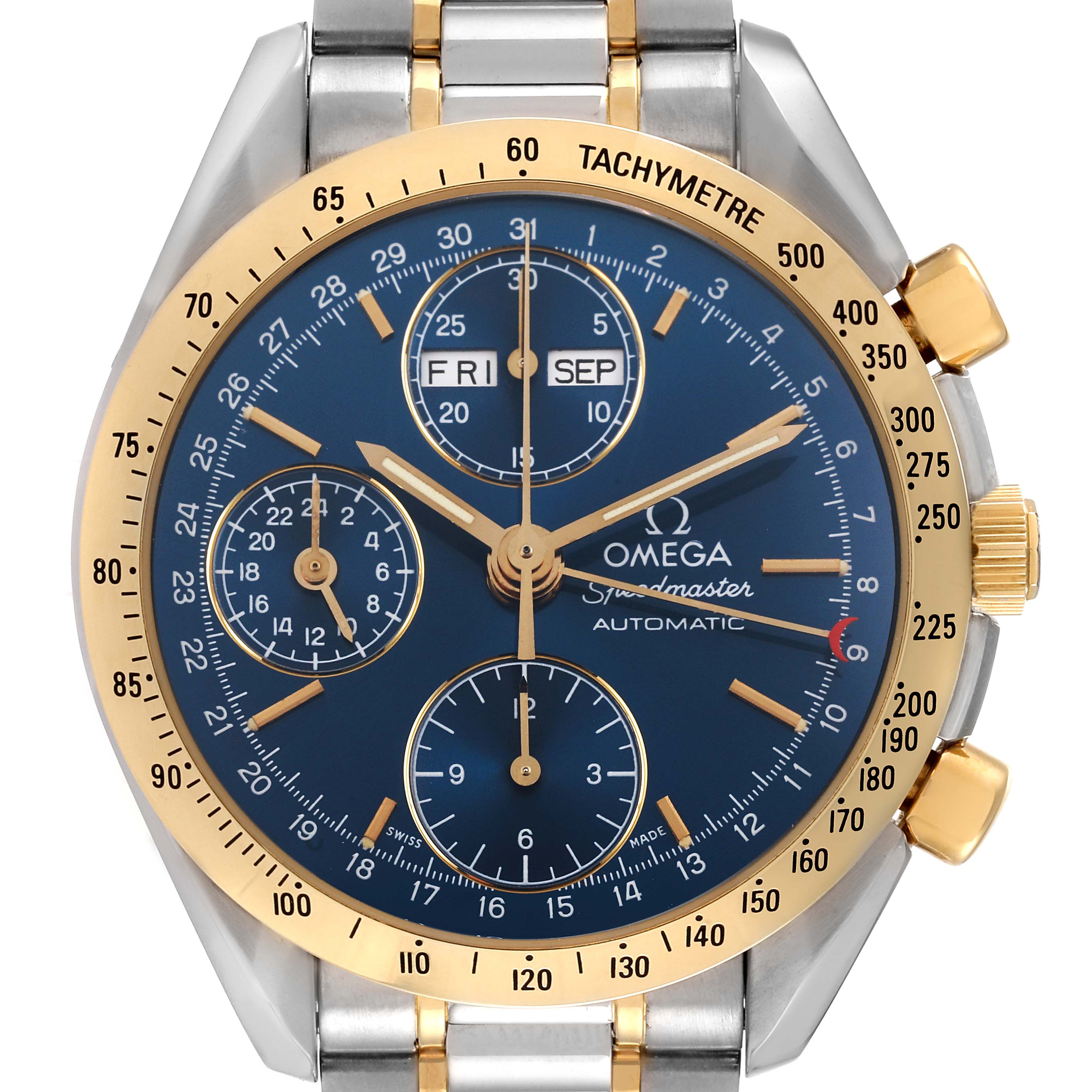 The image shows a front view of the Omega Speedmaster 3321.80.00 Men's Steel and Gold (two tone) Blue Dial 3321.80.00 Men's Steel and Gold (two tone) Blue Dial watch, displaying its face, dials, and partial bracelet.