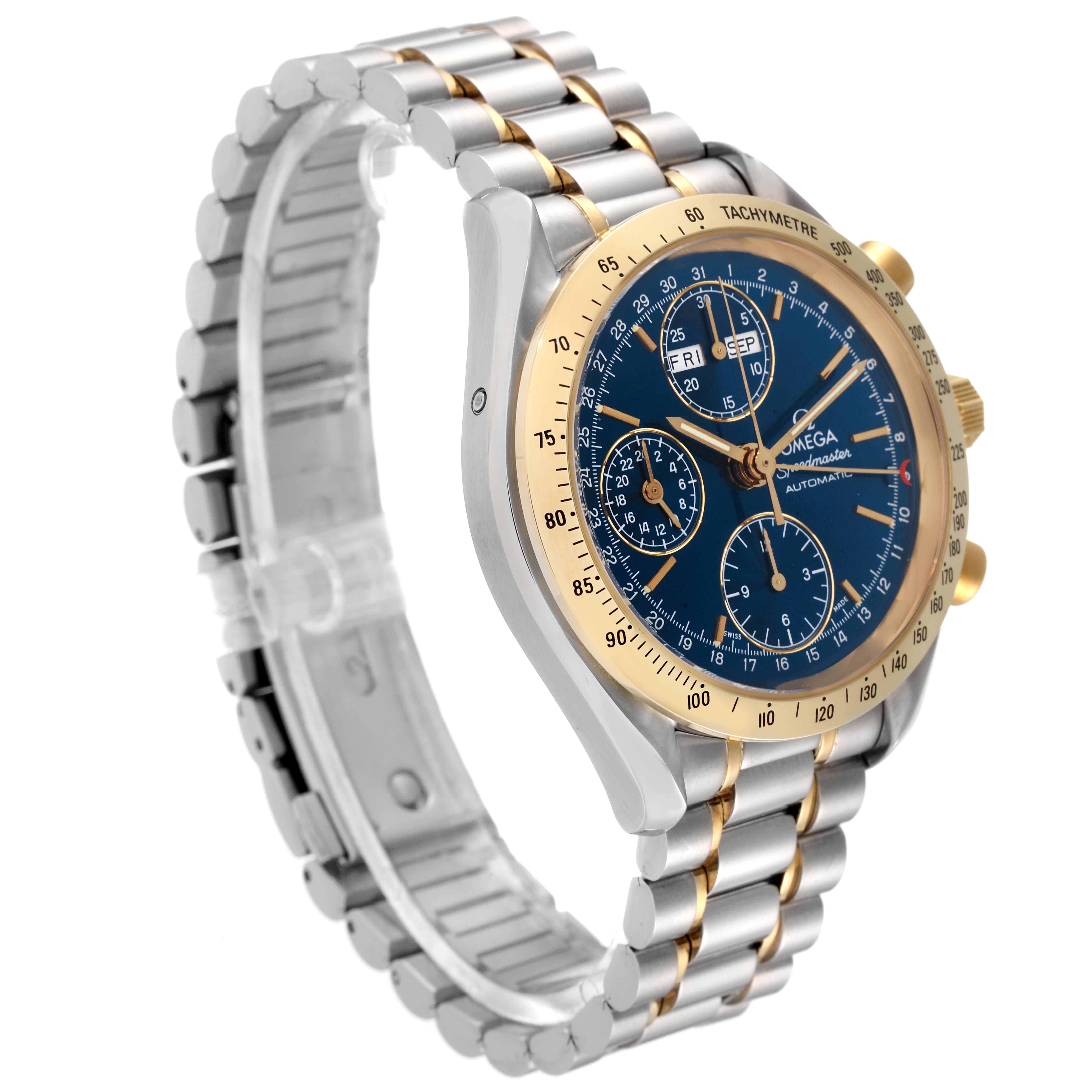 This Omega Speedmaster 3321.80.00 Men's Steel and Gold (two tone) Blue Dial 3321.80.00 Men's Steel and Gold (two tone) Blue Dial watch is shown from a front-left angle, displaying the dial, bezel, and bracelet.