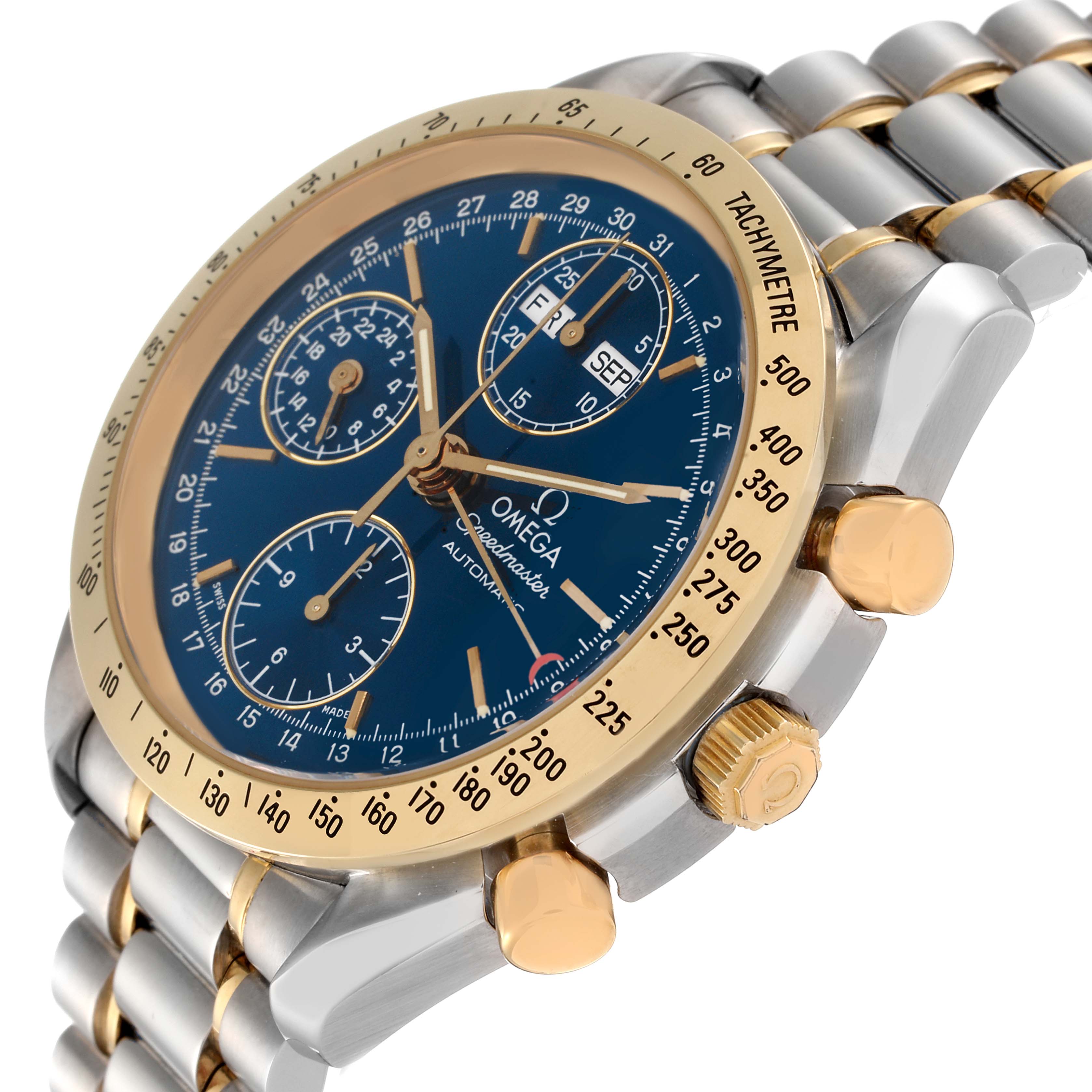 The Omega Speedmaster 3321.80.00 Men's Steel and Gold (two tone) Blue Dial 3321.80.00 Men's Steel and Gold (two tone) Blue Dial watch is shown at an angled side view, highlighting the face, tachymeter bezel, and metal bracelet.