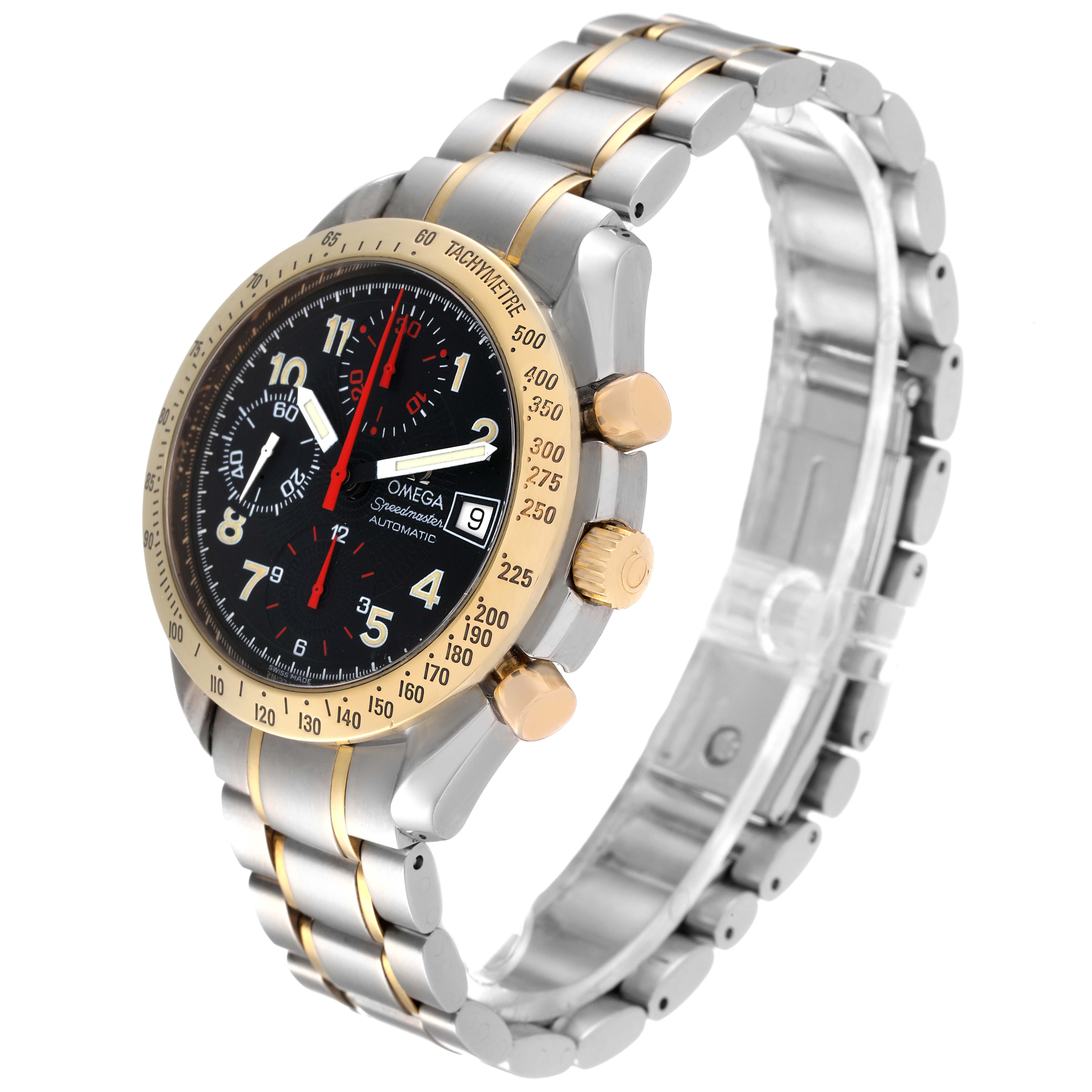 The Omega Speedmaster 3313.53.00 Men's Steel and Gold (two tone) Black Dial 3313.53.00 Men's Steel and Gold (two tone) Black Dial watch is shown at a three-quarter angle, highlighting its face, bezel, crown, pushers, and bracelet.