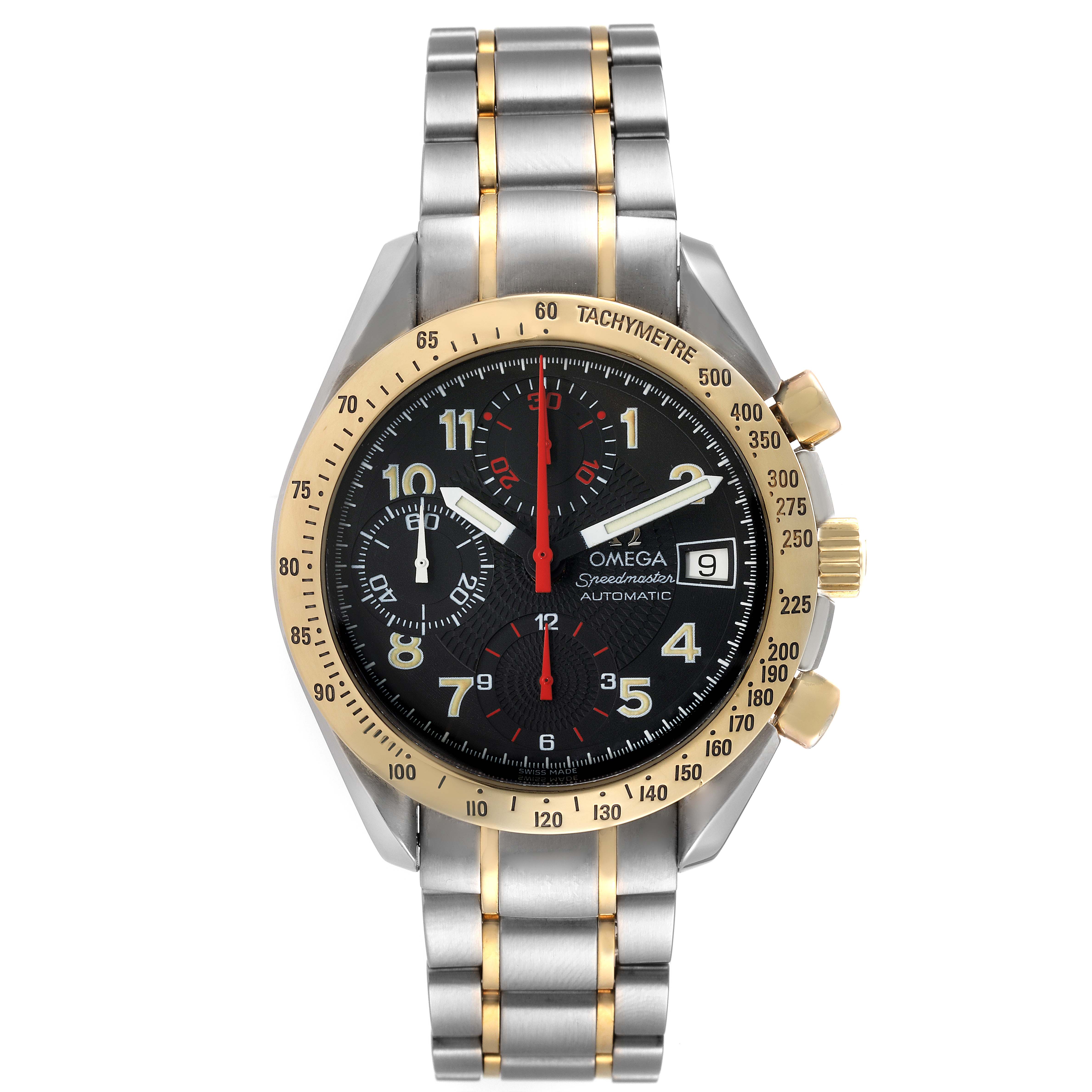 The Omega Speedmaster 3313.53.00 Men's Steel and Gold (two tone) Black Dial 3313.53.00 Men's Steel and Gold (two tone) Black Dial watch is shown from the front, displaying its black dial, chronograph subdials, and stainless steel and gold bracelet.