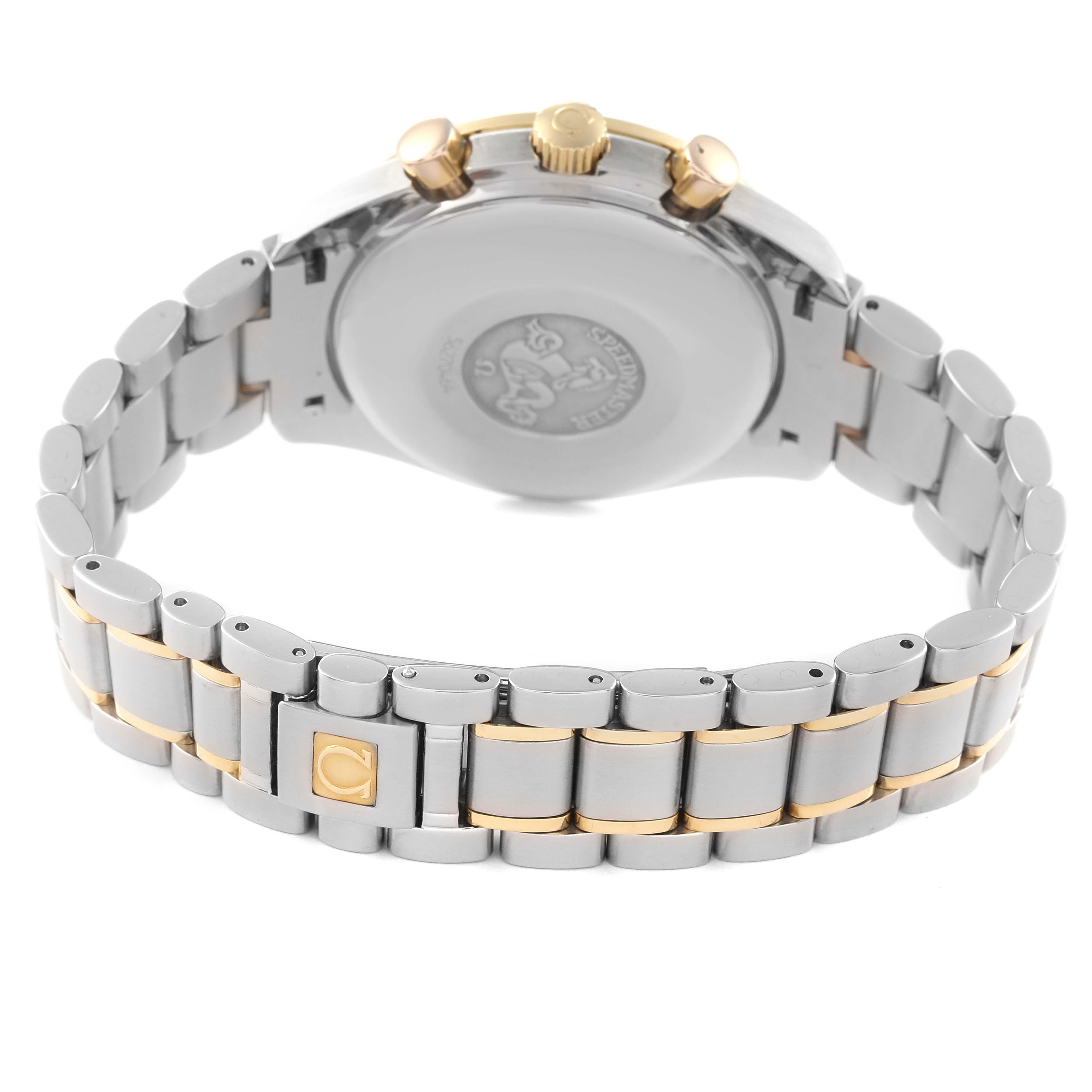 The image shows the back view of an Omega Speedmaster 3313.53.00 Men's Steel and Gold (two tone) Black Dial 3313.53.00 Men's Steel and Gold (two tone) Black Dial watch, highlighting the case, bracelet, and clasp.