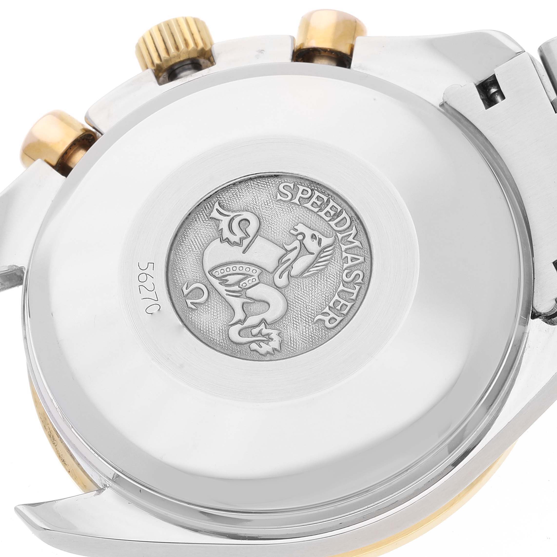 This image shows the back case and crown of an Omega Speedmaster 3313.53.00 Men's Steel and Gold (two tone) Black Dial 3313.53.00 Men's Steel and Gold (two tone) Black Dial watch, with the brand's engraving.