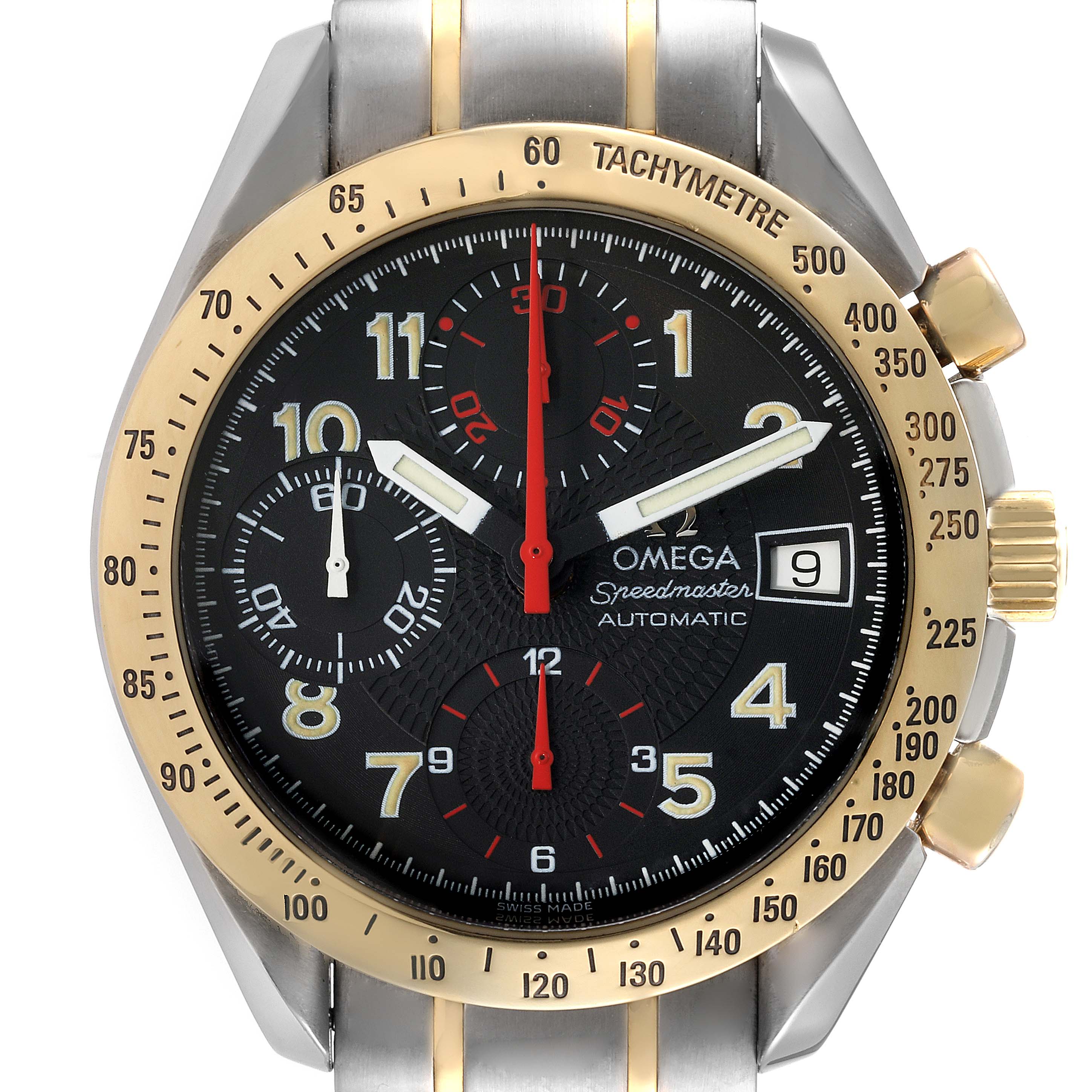 The image shows a front view of the Omega Speedmaster 3313.53.00 Men's Steel and Gold (two tone) Black Dial 3313.53.00 Men's Steel and Gold (two tone) Black Dial watch, highlighting its dial, bezel, crown, and buttons.