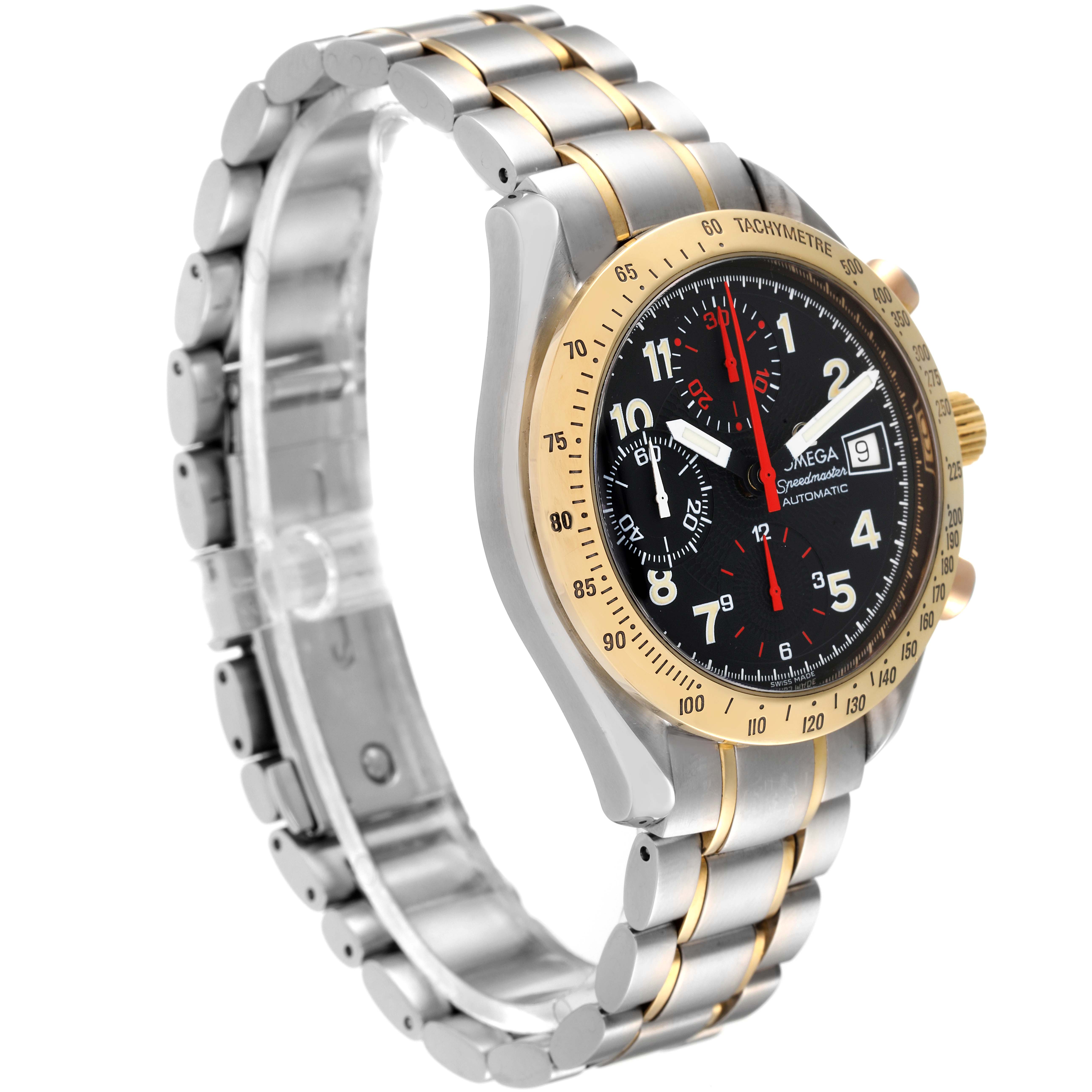 The Omega Speedmaster 3313.53.00 Men's Steel and Gold (two tone) Black Dial 3313.53.00 Men's Steel and Gold (two tone) Black Dial watch is shown at a 3/4 angle, highlighting the face, bezel, crown, and two-tone bracelet.
