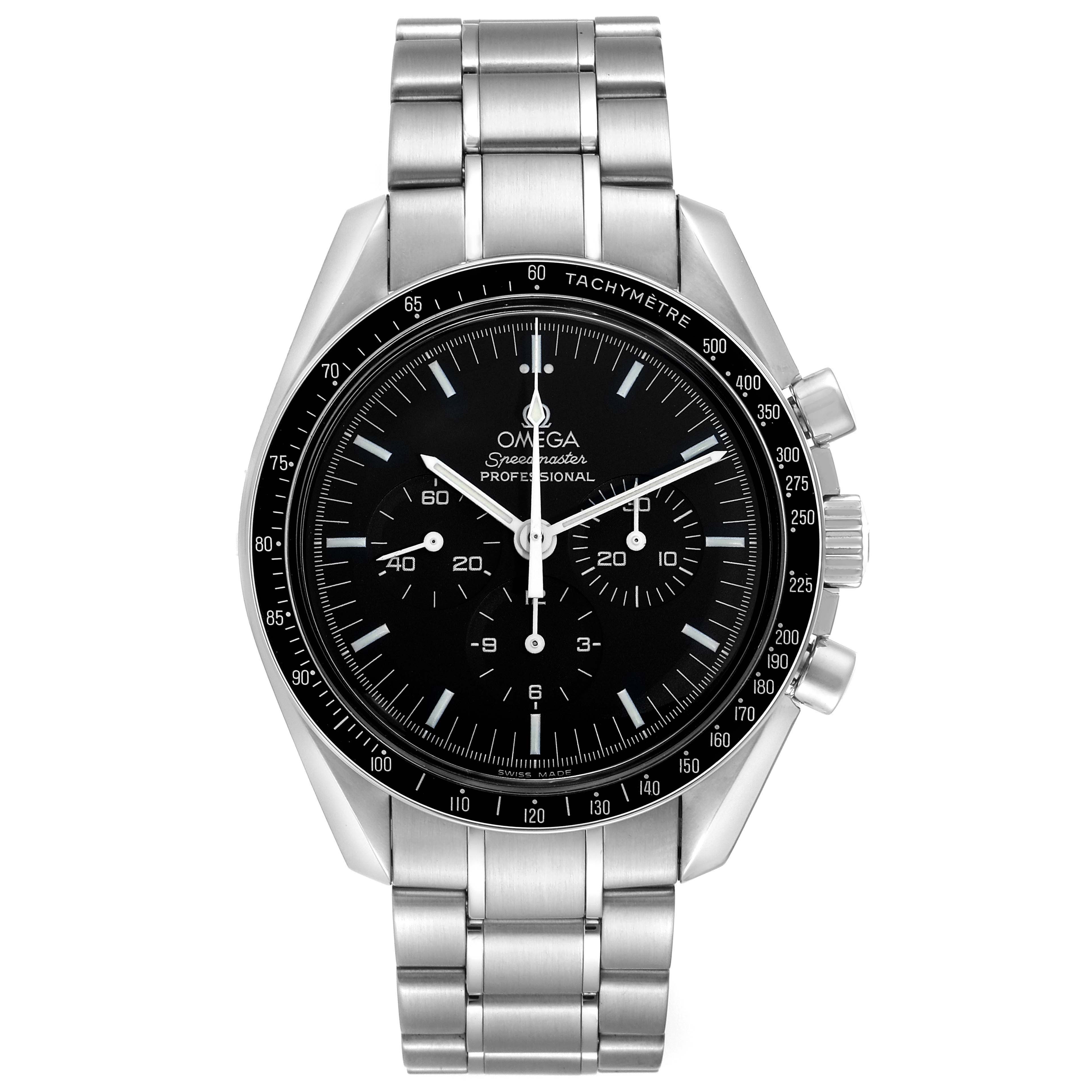 The Omega Speedmaster 3570.50.00 Men
s Stainless Steel Black Dial watch is shown from the front, displaying the dial, tachymetre bezel, pushers, and stainless steel bracelet.