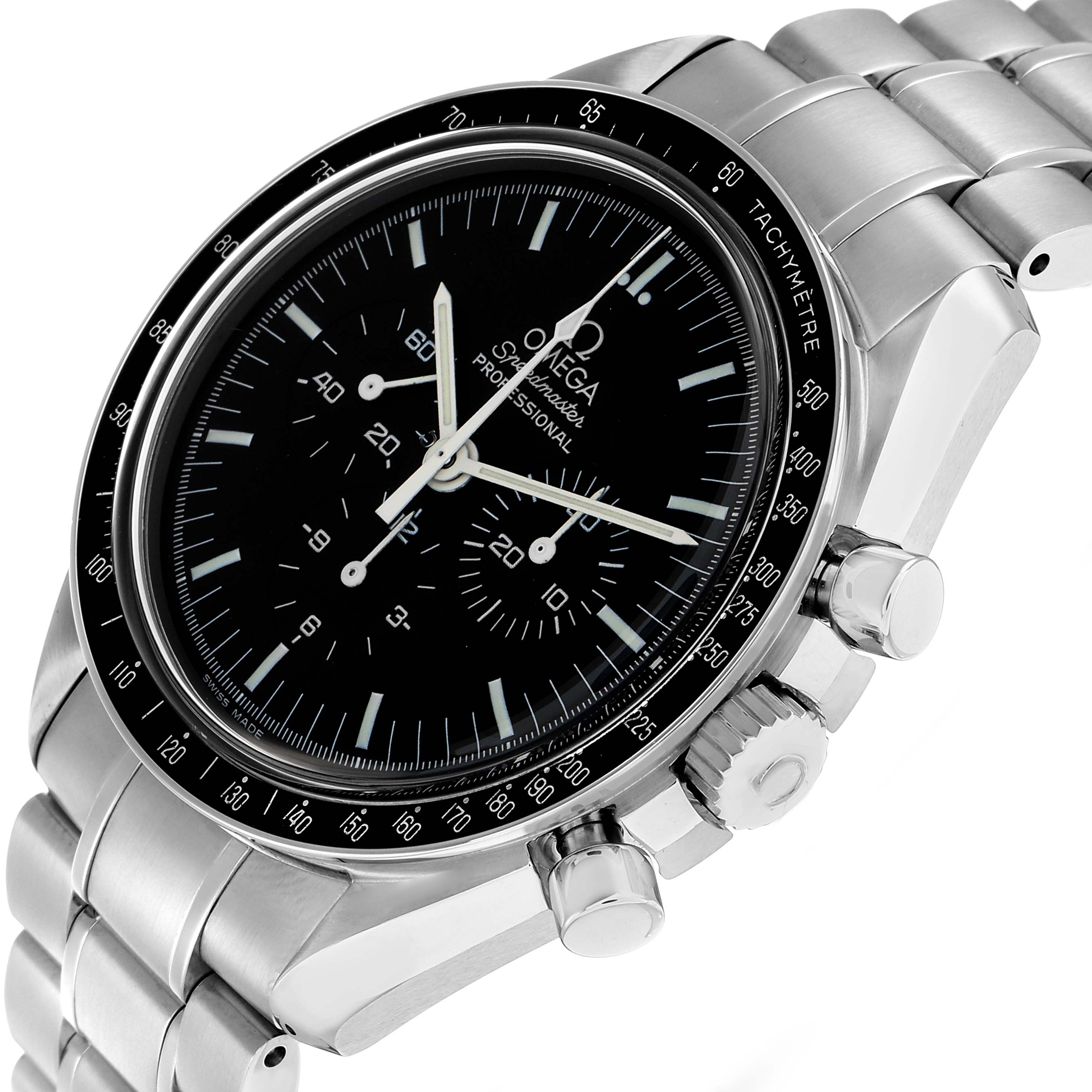 The Omega Speedmaster 3570.50.00 Men
s Stainless Steel Black Dial watch is shown at a side angle highlighting the dial, bezel, crown, pushers, and bracelet.