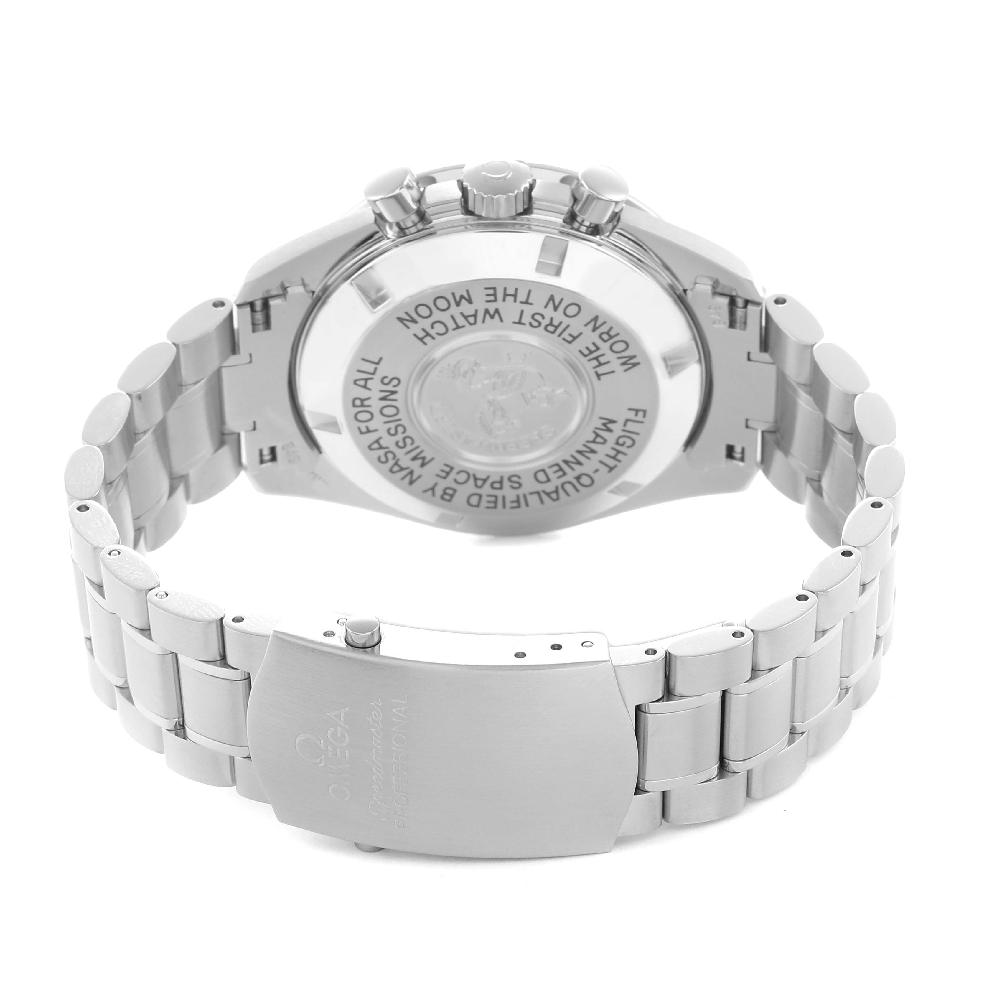 The Omega Speedmaster 3570.50.00 Men
s Stainless Steel Black Dial is shown from the back, displaying the case back, crown, pushers, and metal bracelet.