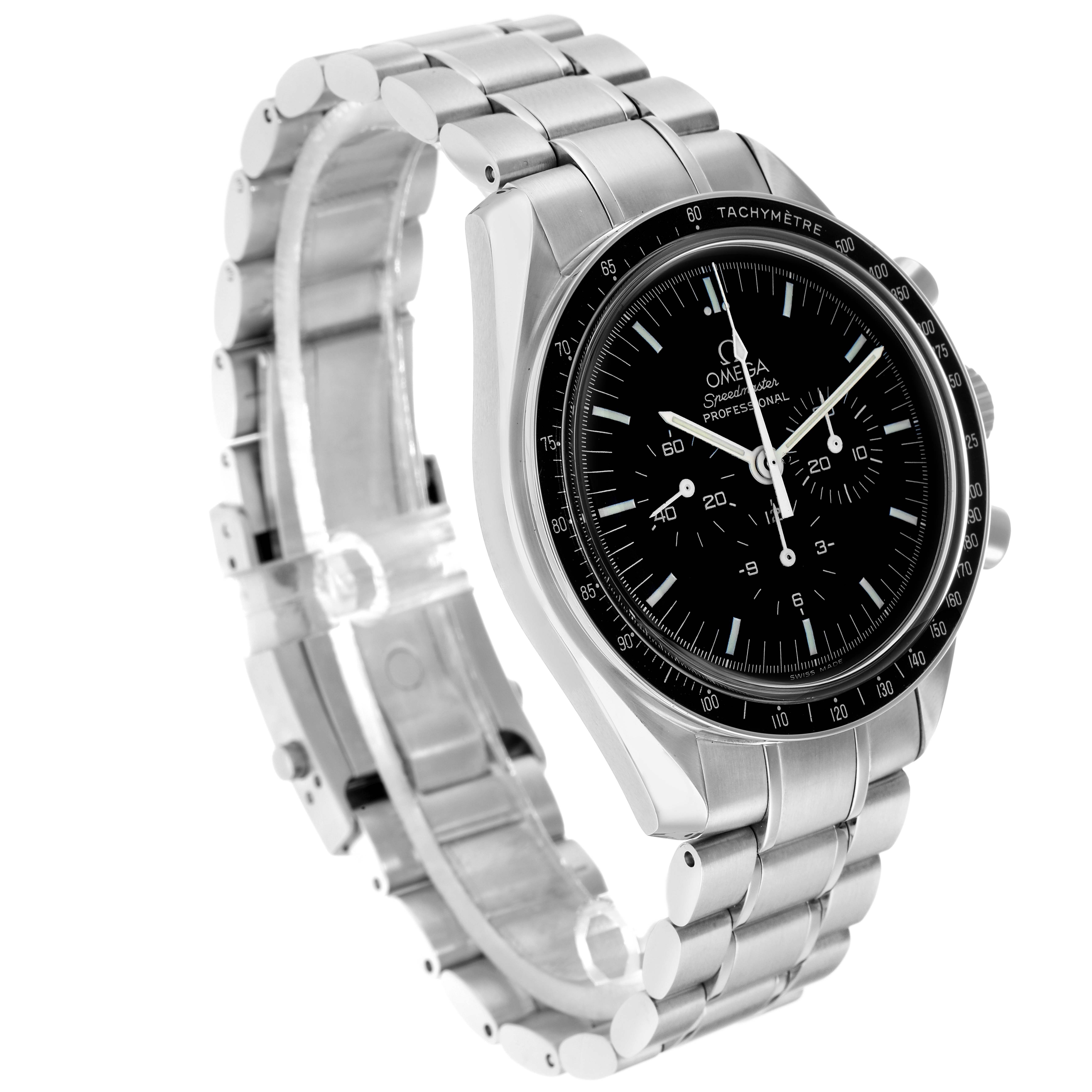 The Omega Speedmaster 3570.50.00 Men
s Stainless Steel Black Dial model is shown at an angled view, displaying the watch face, bezel, and bracelet.