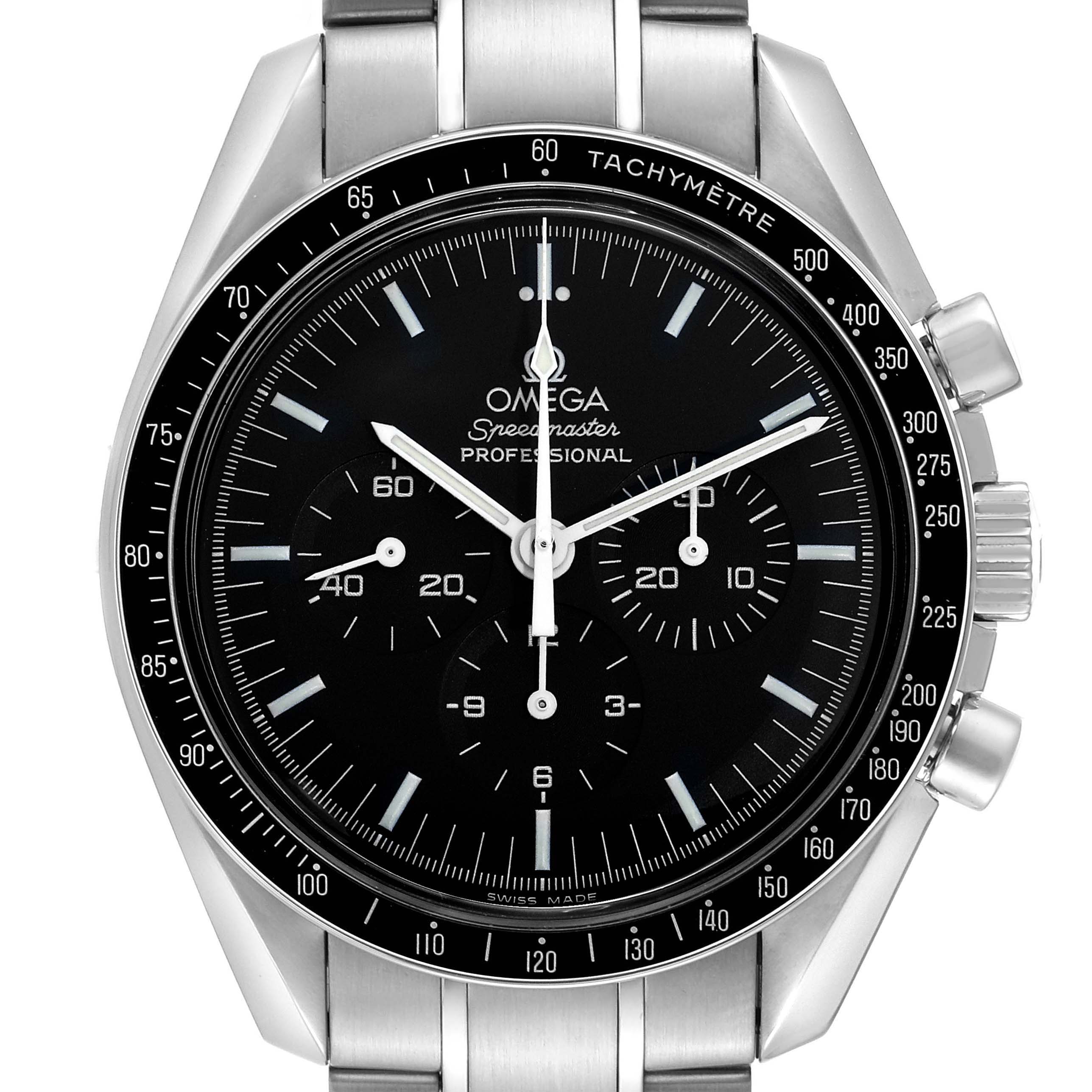 The Omega Speedmaster 3570.50.00 Men
s Stainless Steel Black Dial is shown from the front, highlighting the dial, bezel, and chronograph subdials.