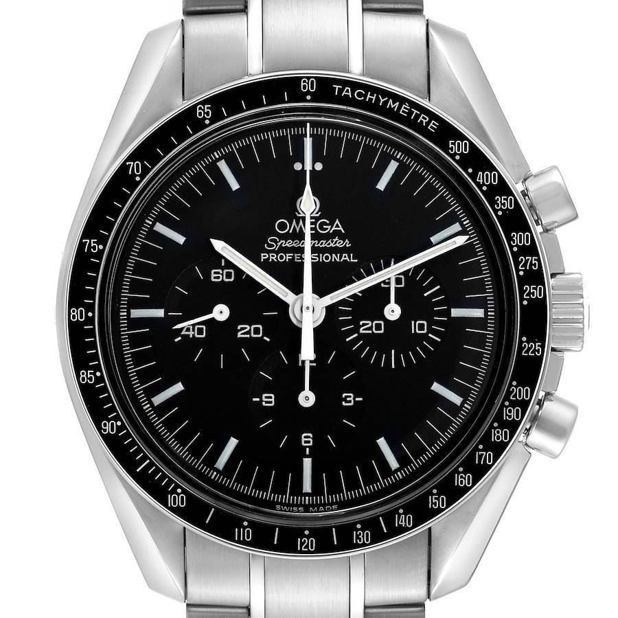 The Omega Speedmaster 3570.50.00 Men's Stainless Steel Black Dial is shown from the front, highlighting the dial, bezel, and chronograph subdials.